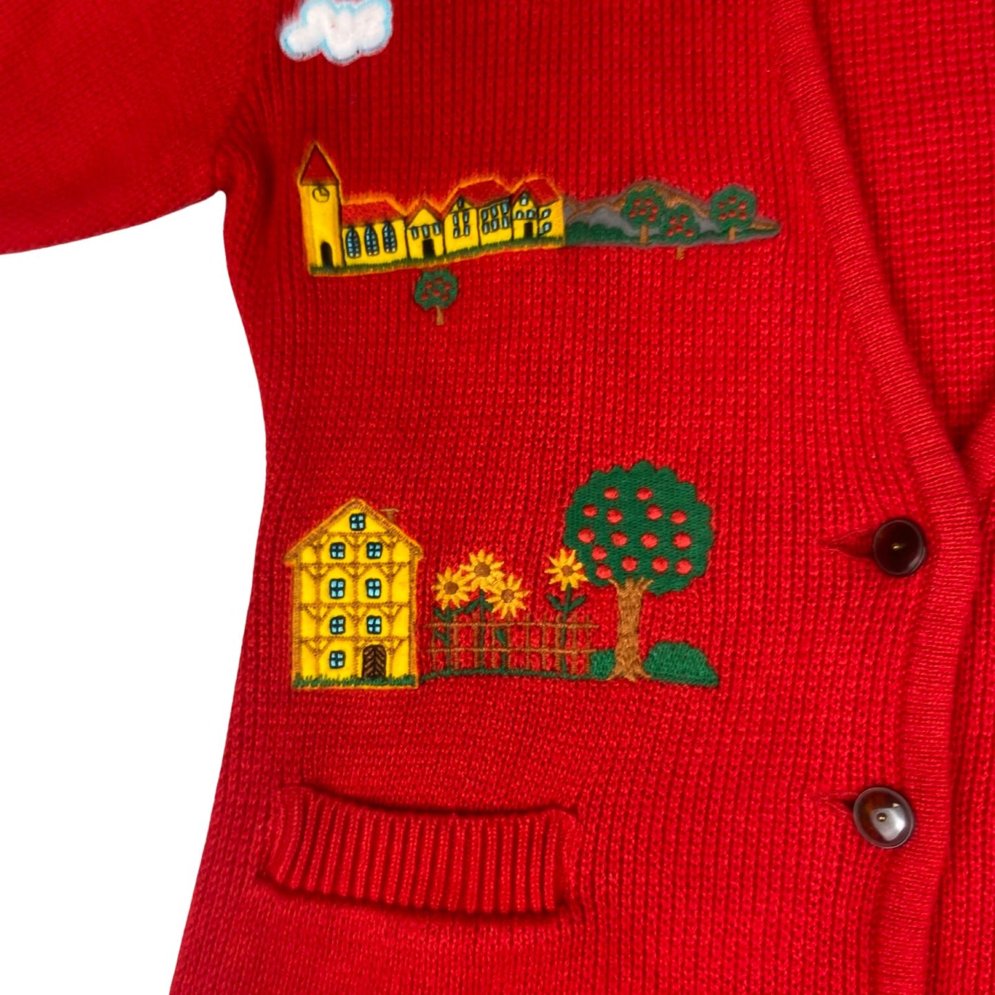 VTG 70s 80s RED WOOL BUTTON GRAPHIC APPLIQUÉ EMBROIDERED FARM SCENE 40” M