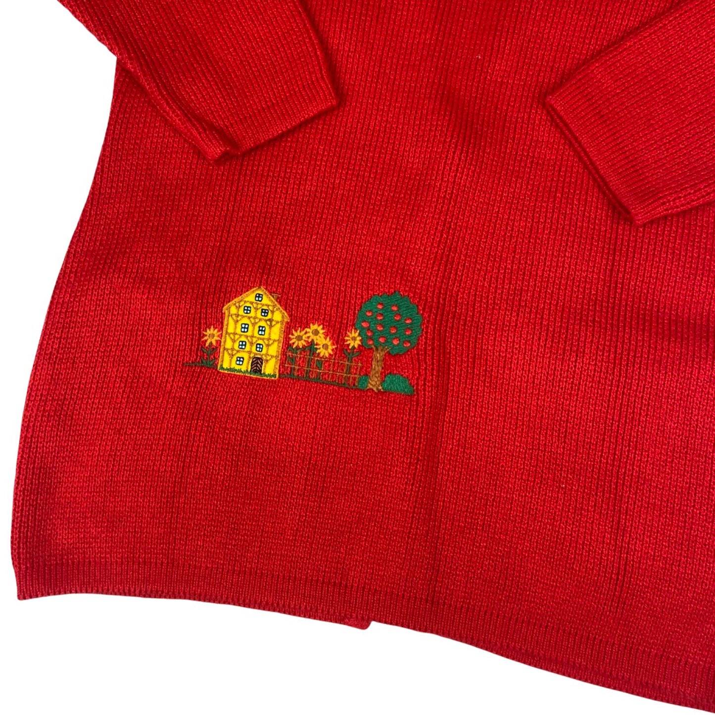 VTG 70s 80s RED WOOL BUTTON GRAPHIC APPLIQUÉ EMBROIDERED FARM SCENE 40” M