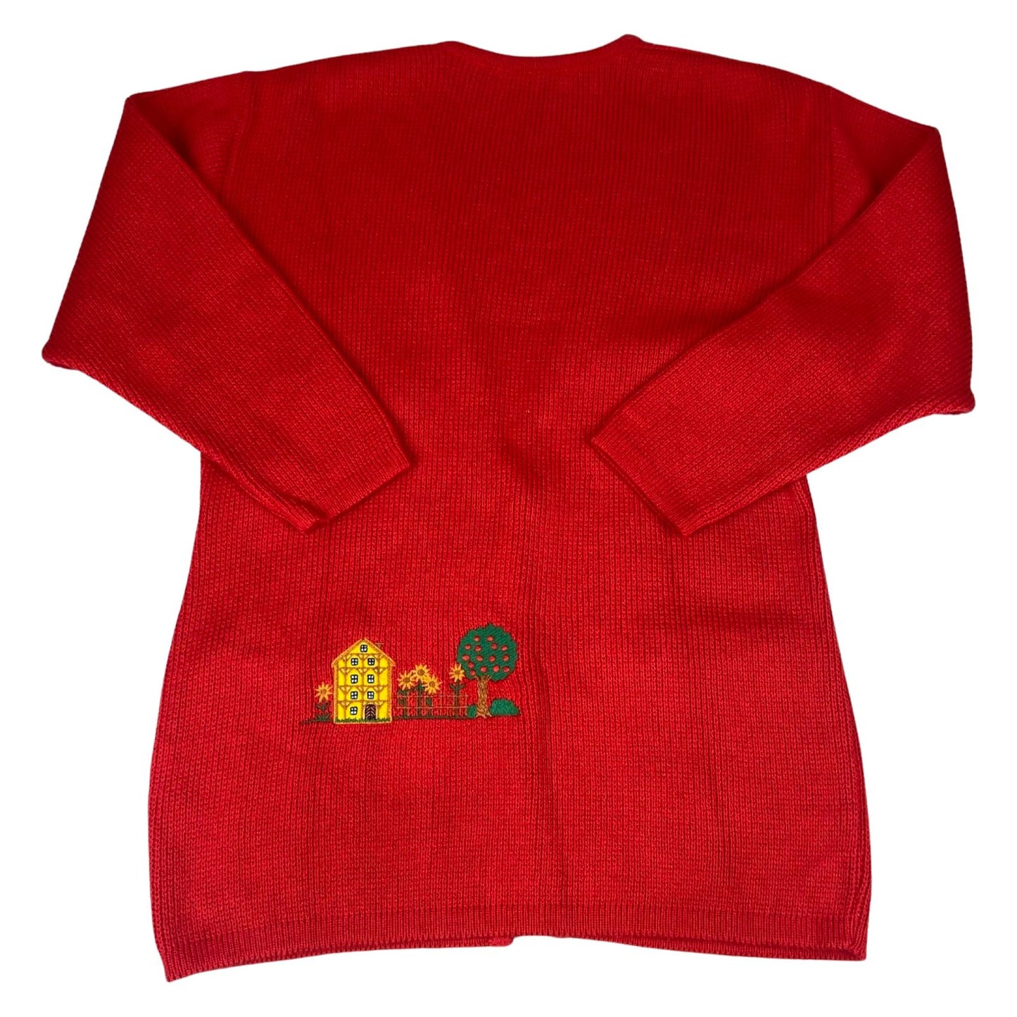 VTG 70s 80s RED WOOL BUTTON GRAPHIC APPLIQUÉ EMBROIDERED FARM SCENE 40” M