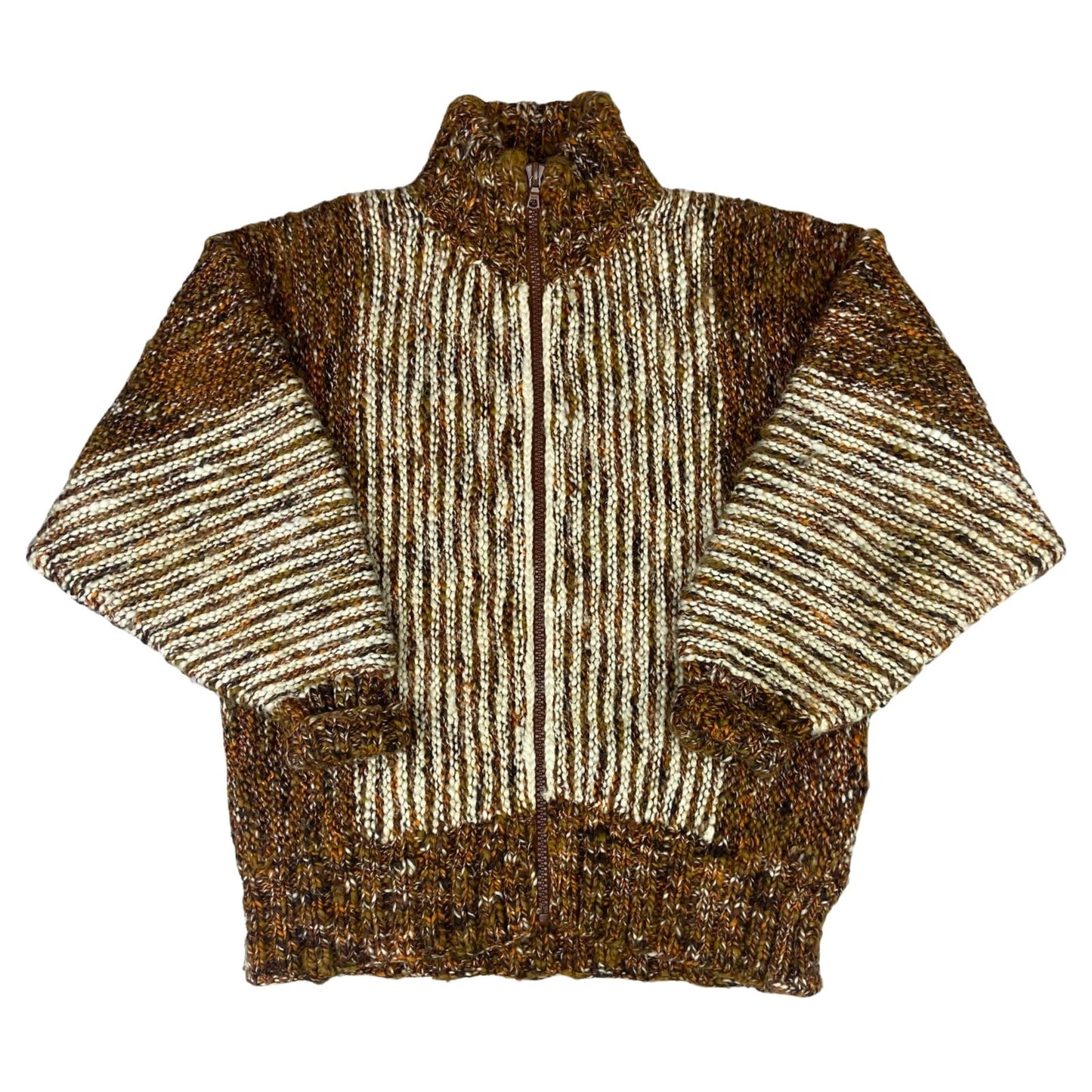 VTG 70s USA HAND KNIT WOOL TALON ZIP JUMPER CARDIGAN HIPPY SWEATER FESTIVAL 40”M