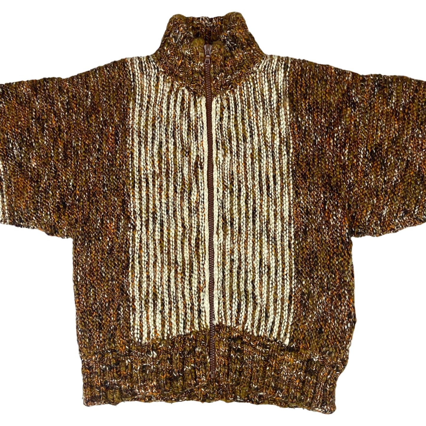 VTG 70s USA HAND KNIT WOOL TALON ZIP JUMPER CARDIGAN HIPPY SWEATER FESTIVAL 40”M