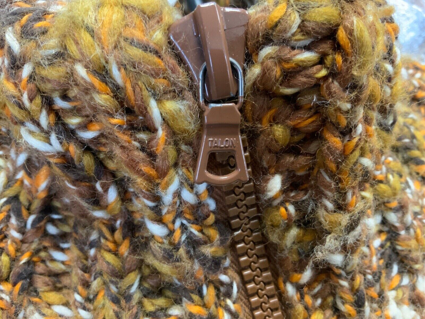 VTG 70s USA HAND KNIT WOOL TALON ZIP JUMPER CARDIGAN HIPPY SWEATER FESTIVAL 40”M
