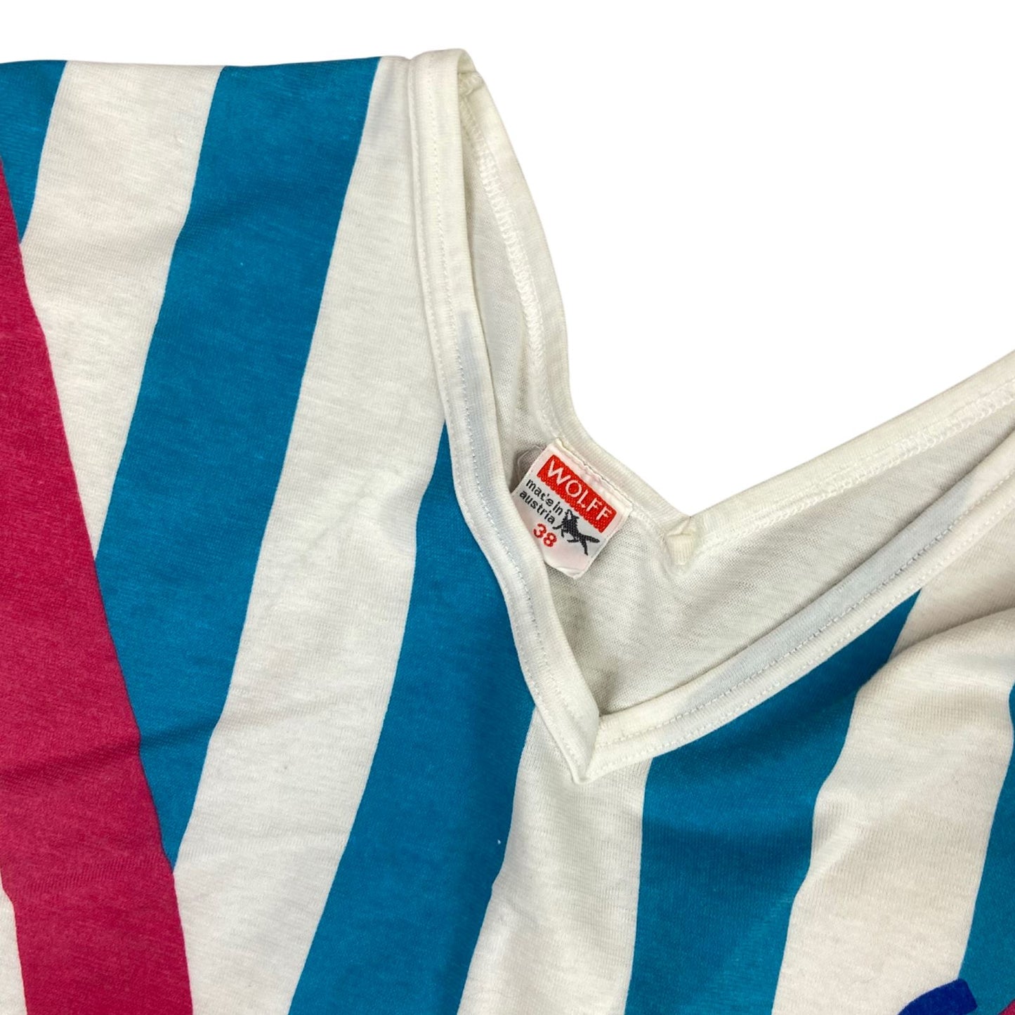 Vintage 80s White Blue Pink V Neck Regatta Retro T-shirt 8 10 S