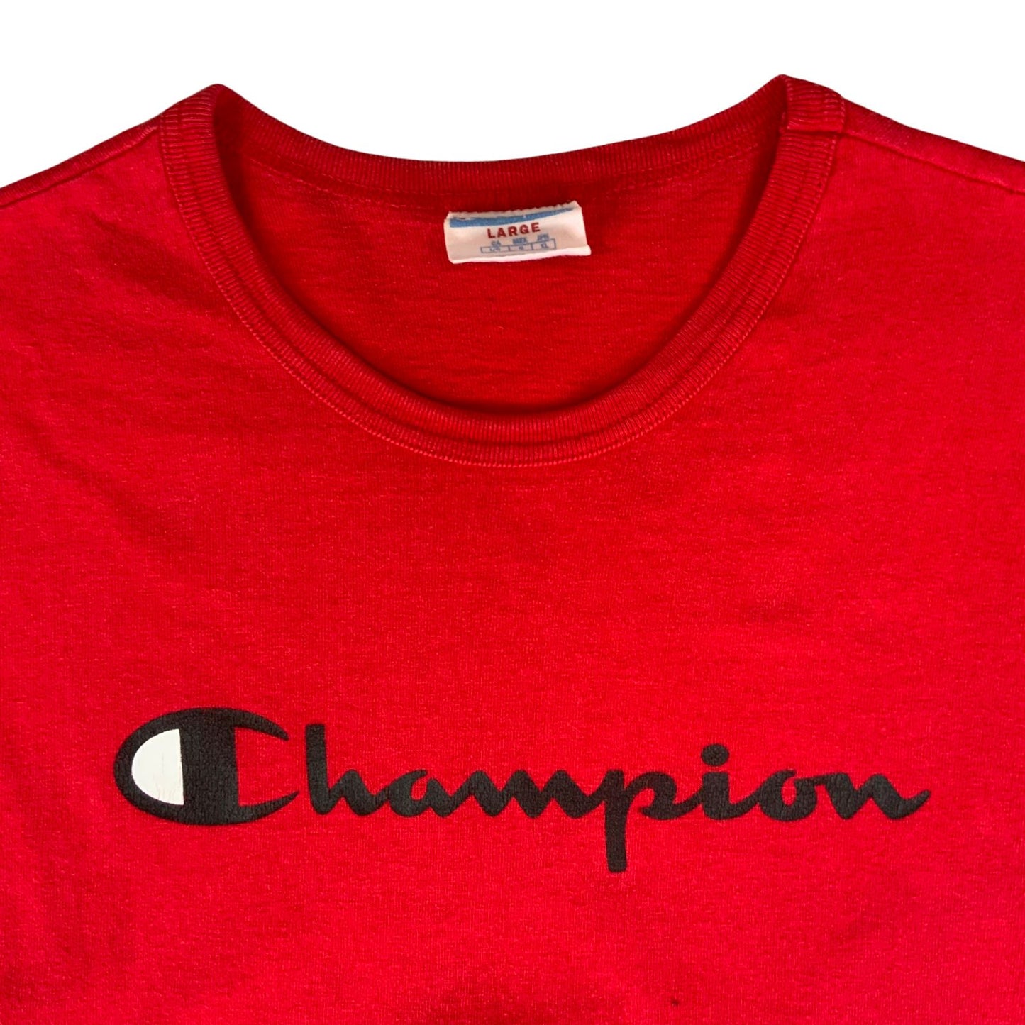 Y2K Red Champion Spell-Out Graphic Sportswear T-Shirt Large