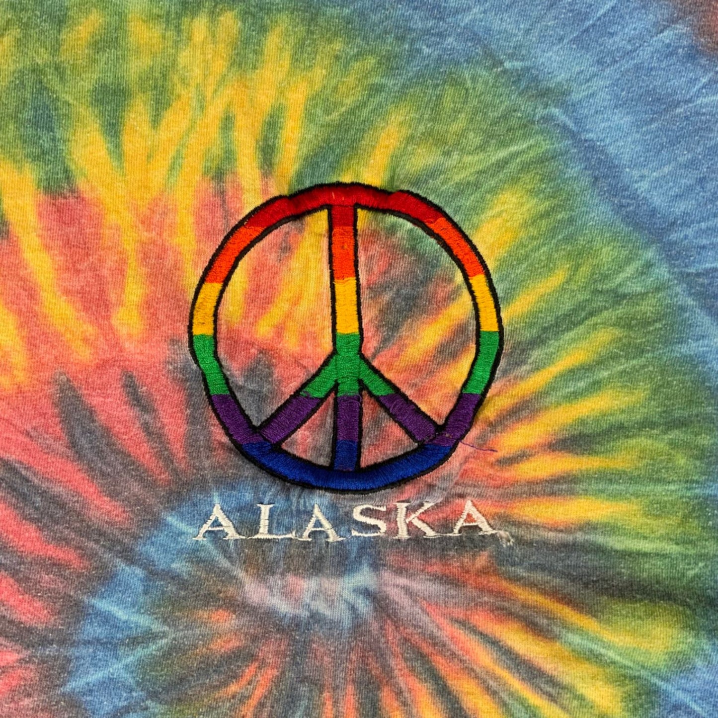 Vintage Y2K Multi-Coloured Tie Dye Alaska Destination Tourist Peace Tee Large