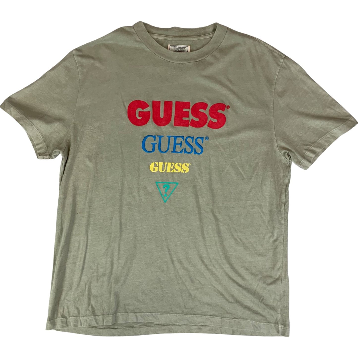 Vintage 90s Light Khaki Green Guess Originals Spell-Out Logo Graphic Tee XL