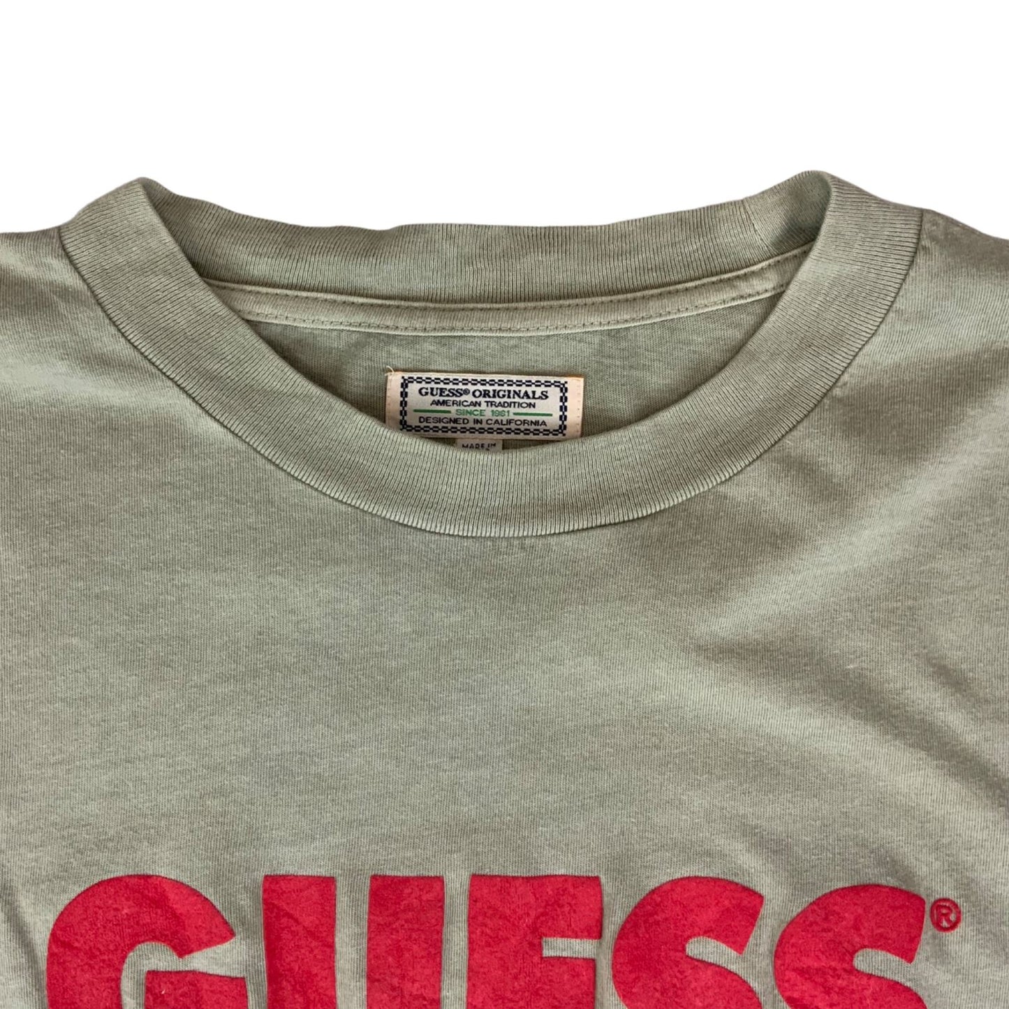 Vintage 90s Light Khaki Green Guess Originals Spell-Out Logo Graphic Tee XL