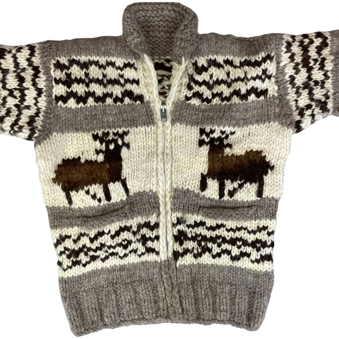 VTG NATIVE CANADIAN COWICHAN INDIAN HAND KNIT CARDIGAN ROCKABILLY HOT ROD 40” M