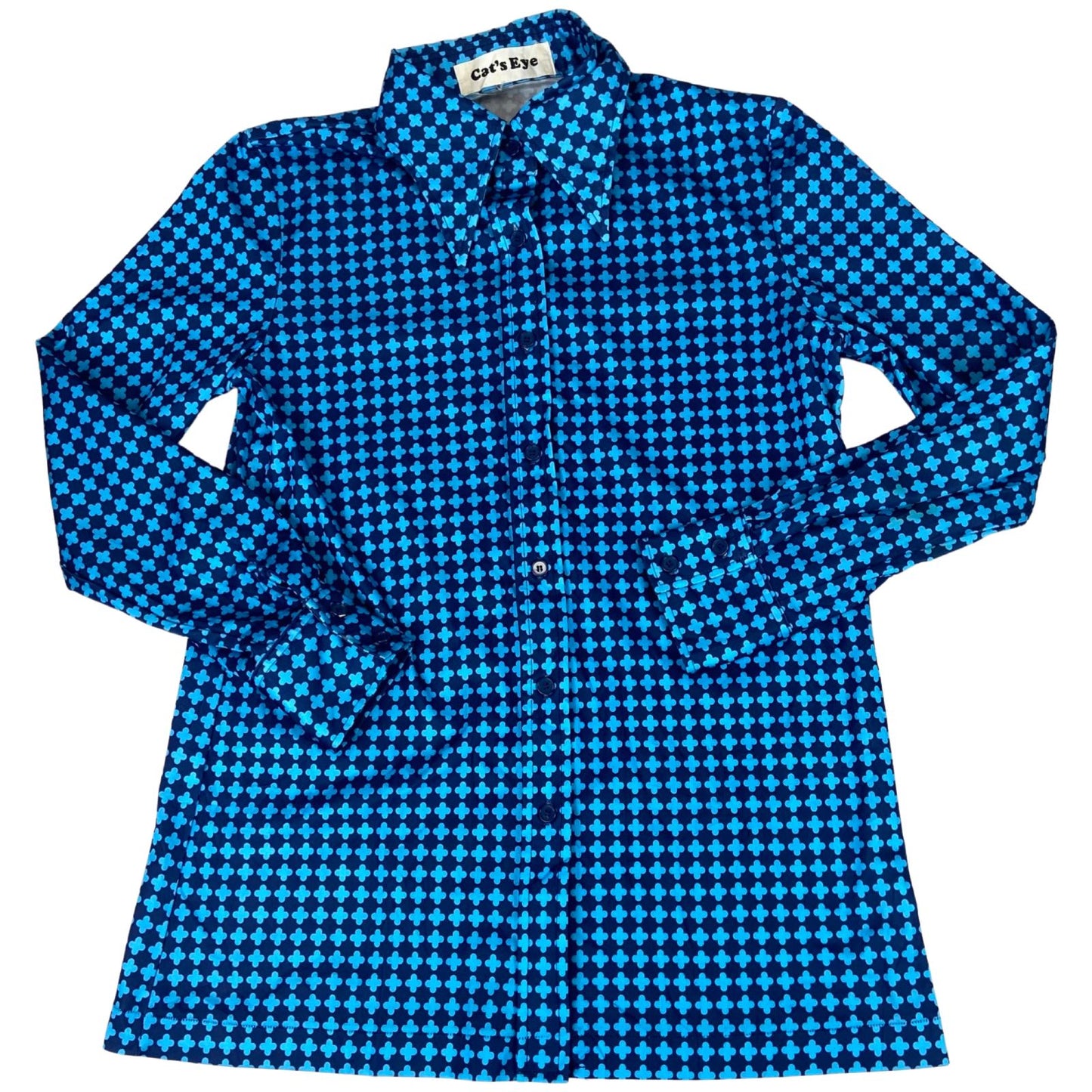 Vintage 90s Blue Dagger Collar Patterned Geometric Blouse 8 10 S