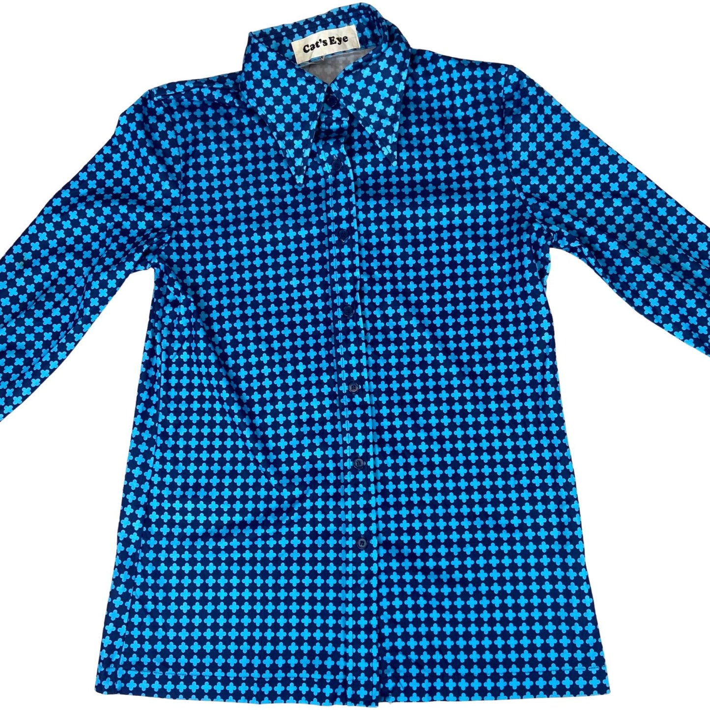 Vintage 90s Blue Dagger Collar Patterned Geometric Blouse 8 10 S