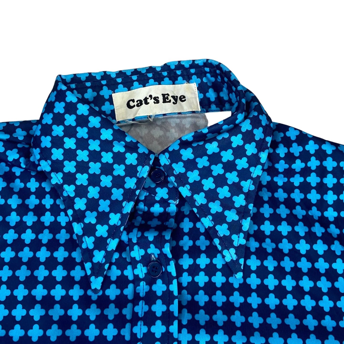 Vintage 90s Blue Dagger Collar Patterned Geometric Blouse 8 10 S