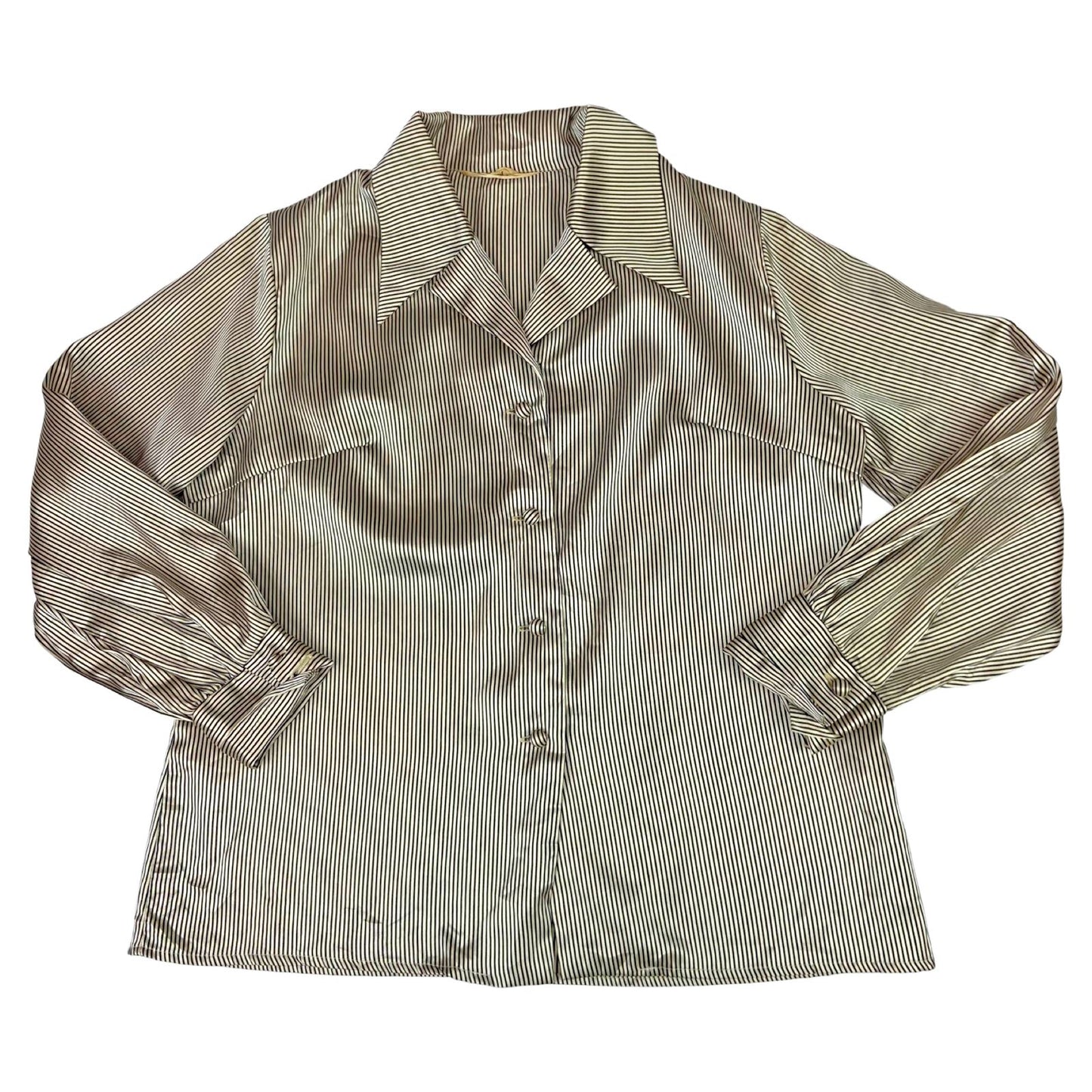 Vintage 80s 90s Cream Black Striped Satin Feel Boxey Fit Blouse 12 14 M