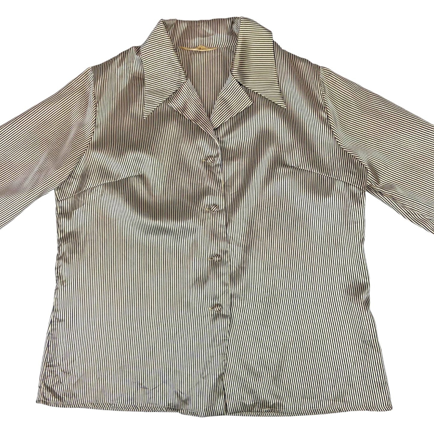 Vintage 80s 90s Cream Black Striped Satin Feel Boxey Fit Blouse 12 14 M