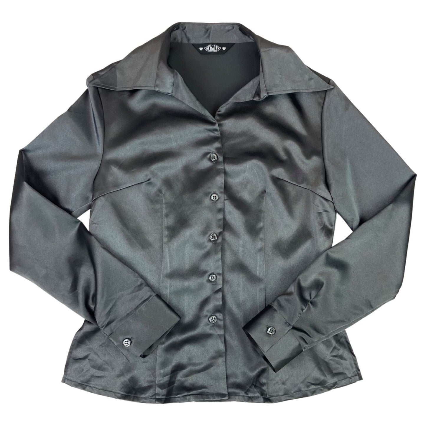 Vintage 90s Grey Satin Style Shiny Party Button Down Blouse 8 10 S