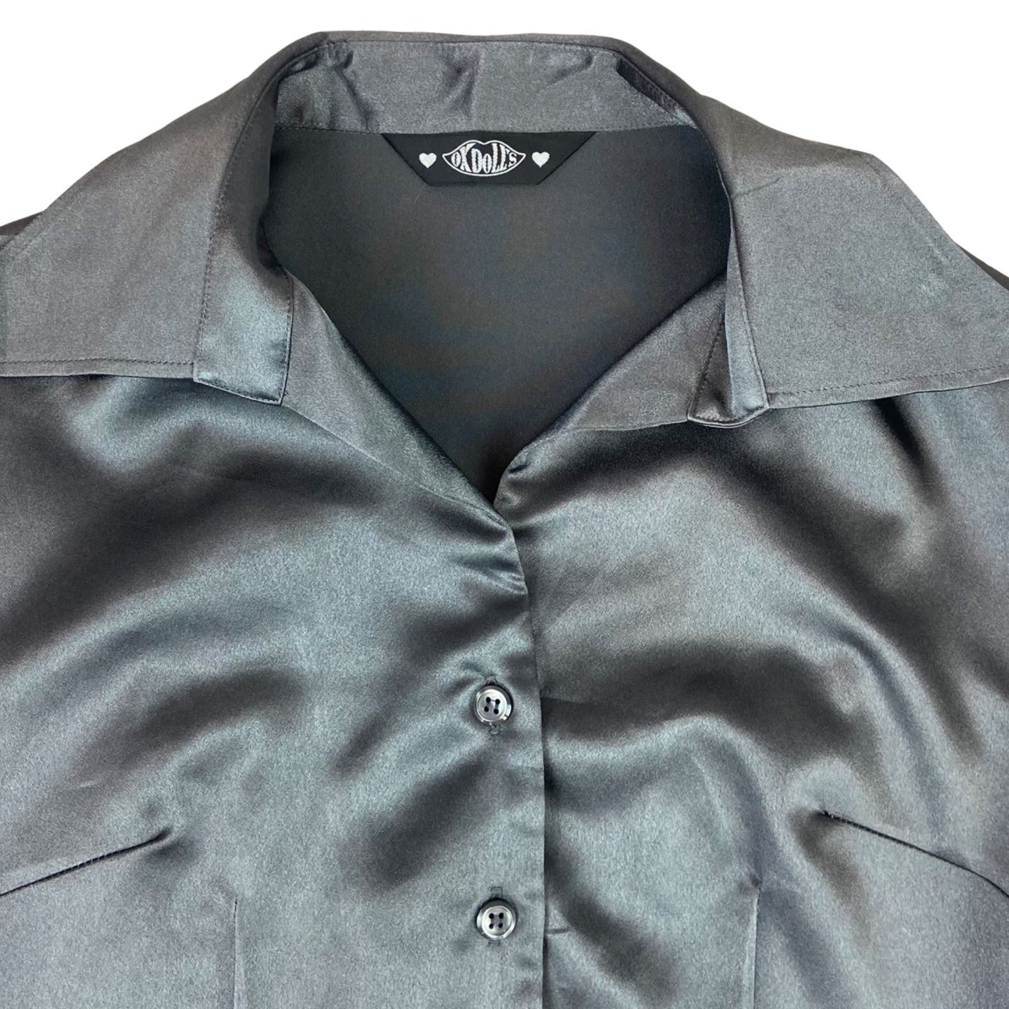 Vintage 90s Grey Satin Style Shiny Party Button Down Blouse 8 10 S