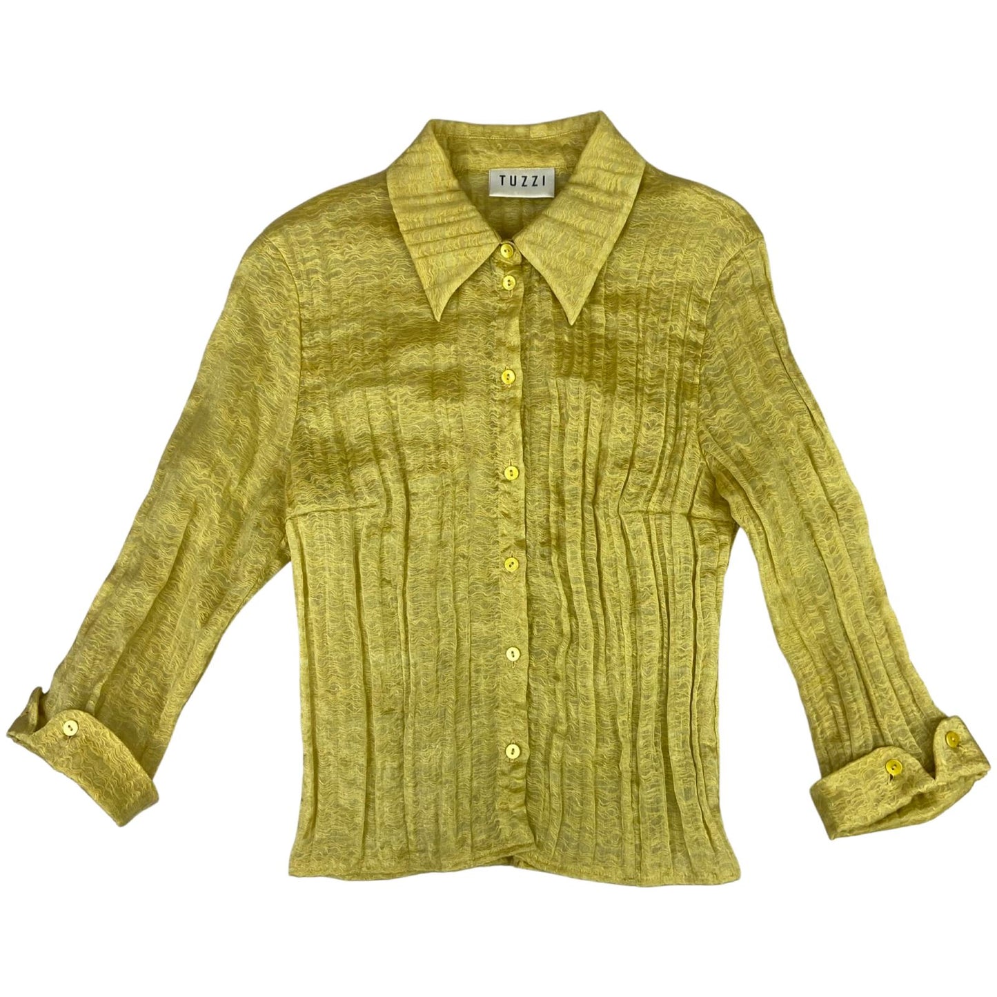Vintage 90s Yellow Tuzzi Button Up Fitted Blouse Shirt Sheer Collared S 8 10