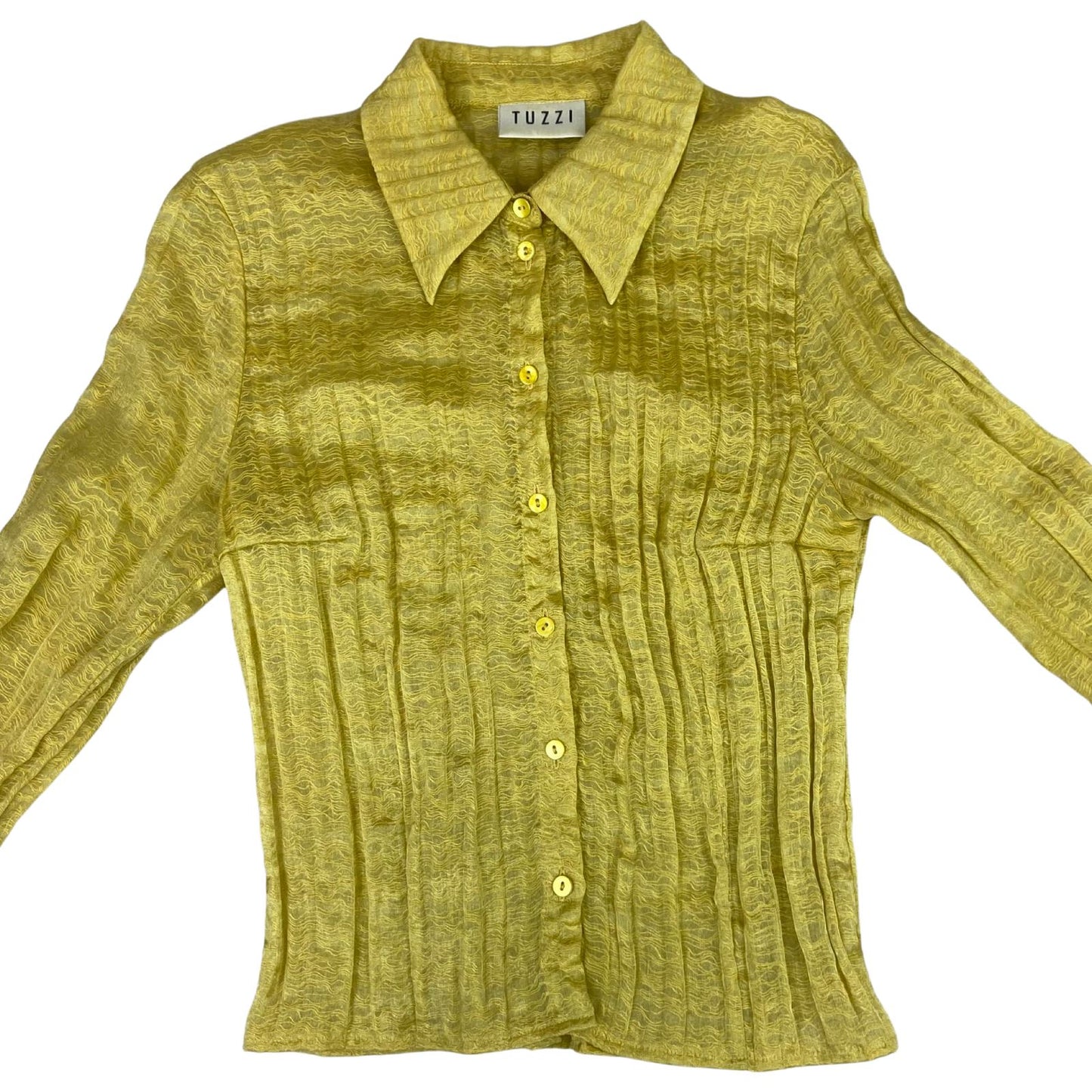 Vintage 90s Yellow Tuzzi Button Up Fitted Blouse Shirt Sheer Collared S 8 10