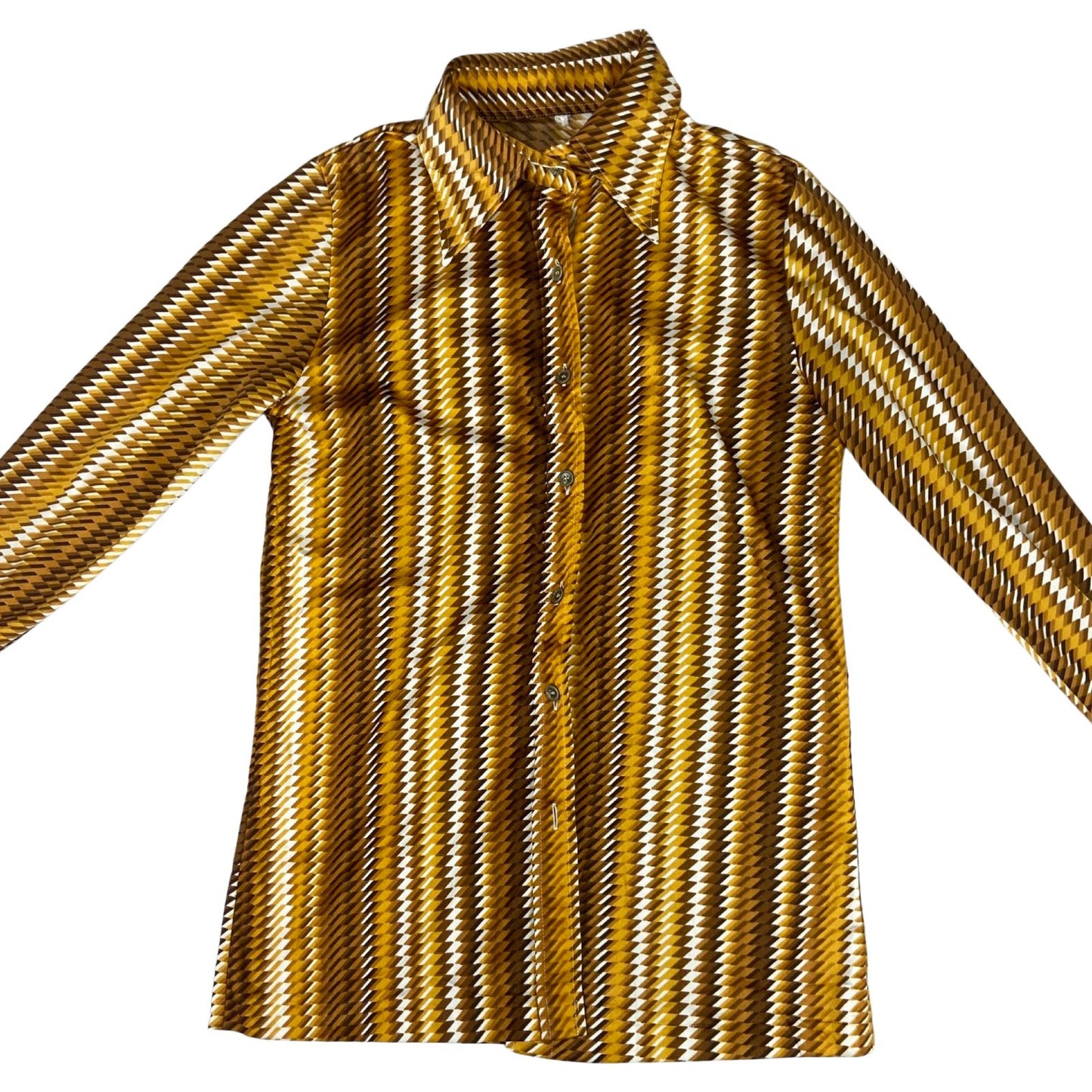 Vintage 90s Orange Brown White Geometric Patterned Button Up Blouse Shirt Top S