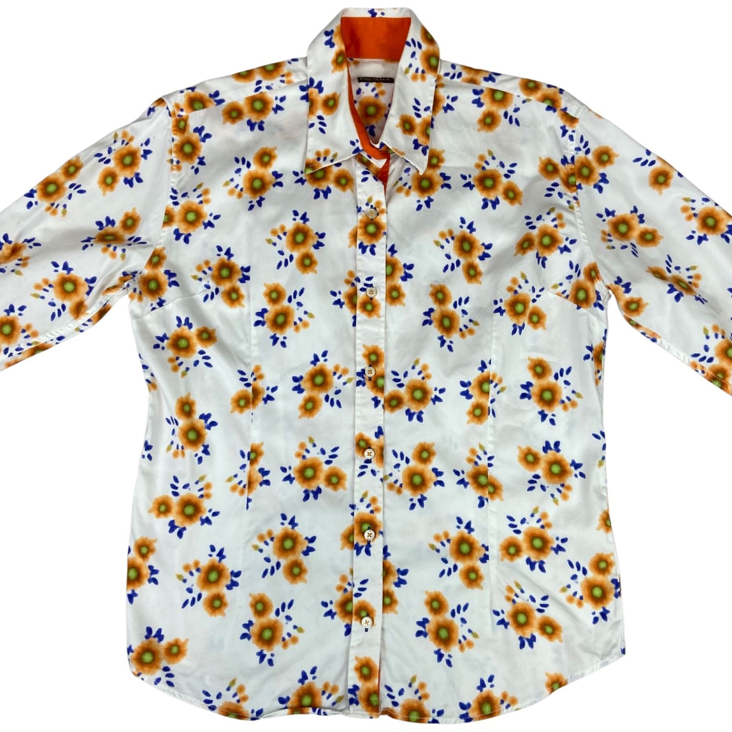 Vintage 90s White Orange Blue Escada Floral Patterned Button Up Blouse Shirt L16