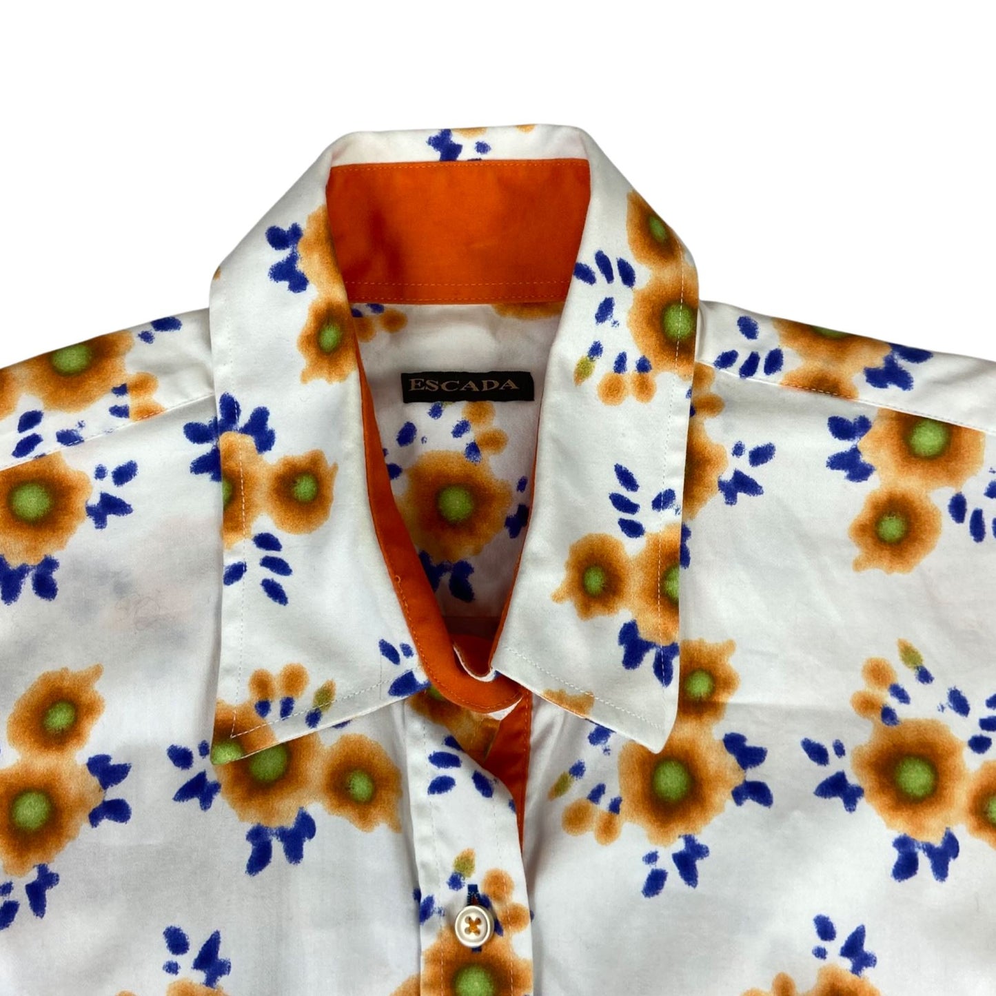 Vintage 90s White Orange Blue Escada Floral Patterned Button Up Blouse Shirt L16