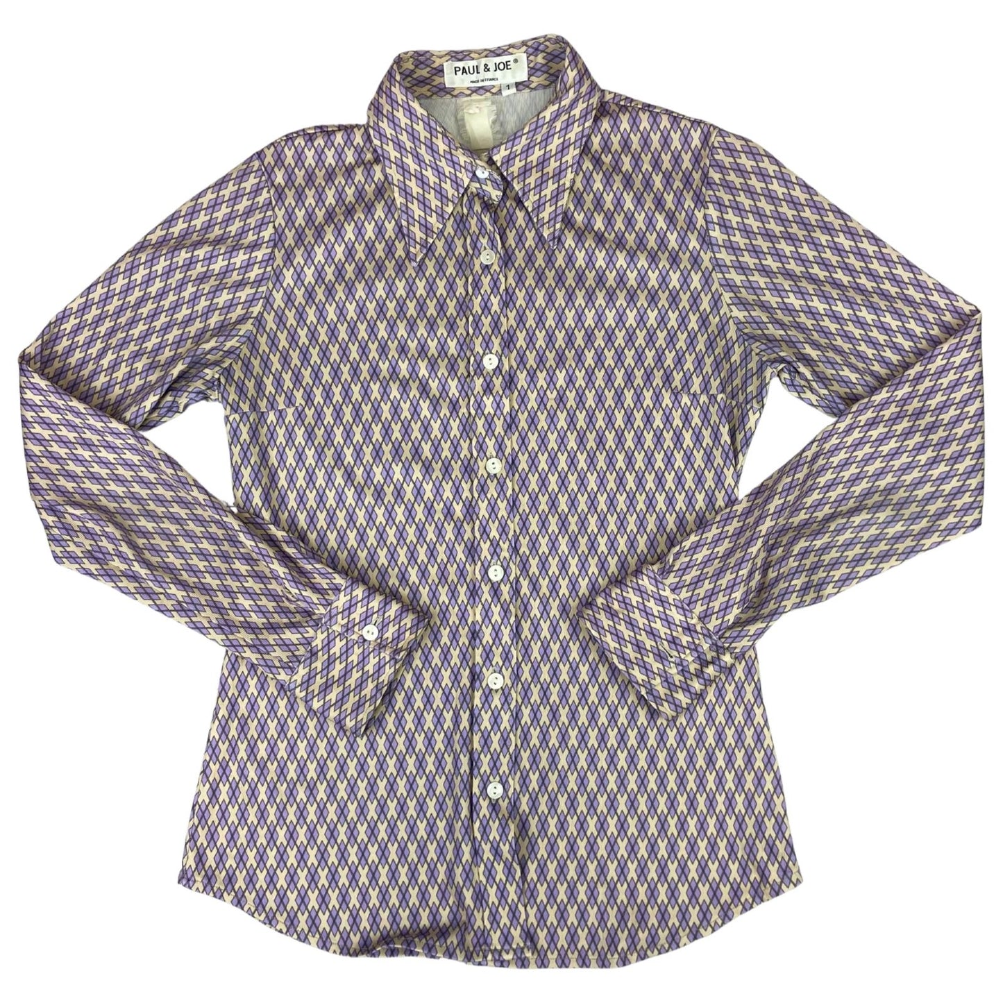 Vintage 90s Purple Cream Paul & Joe Geometric Patterned Button Up Blouse Shirt S