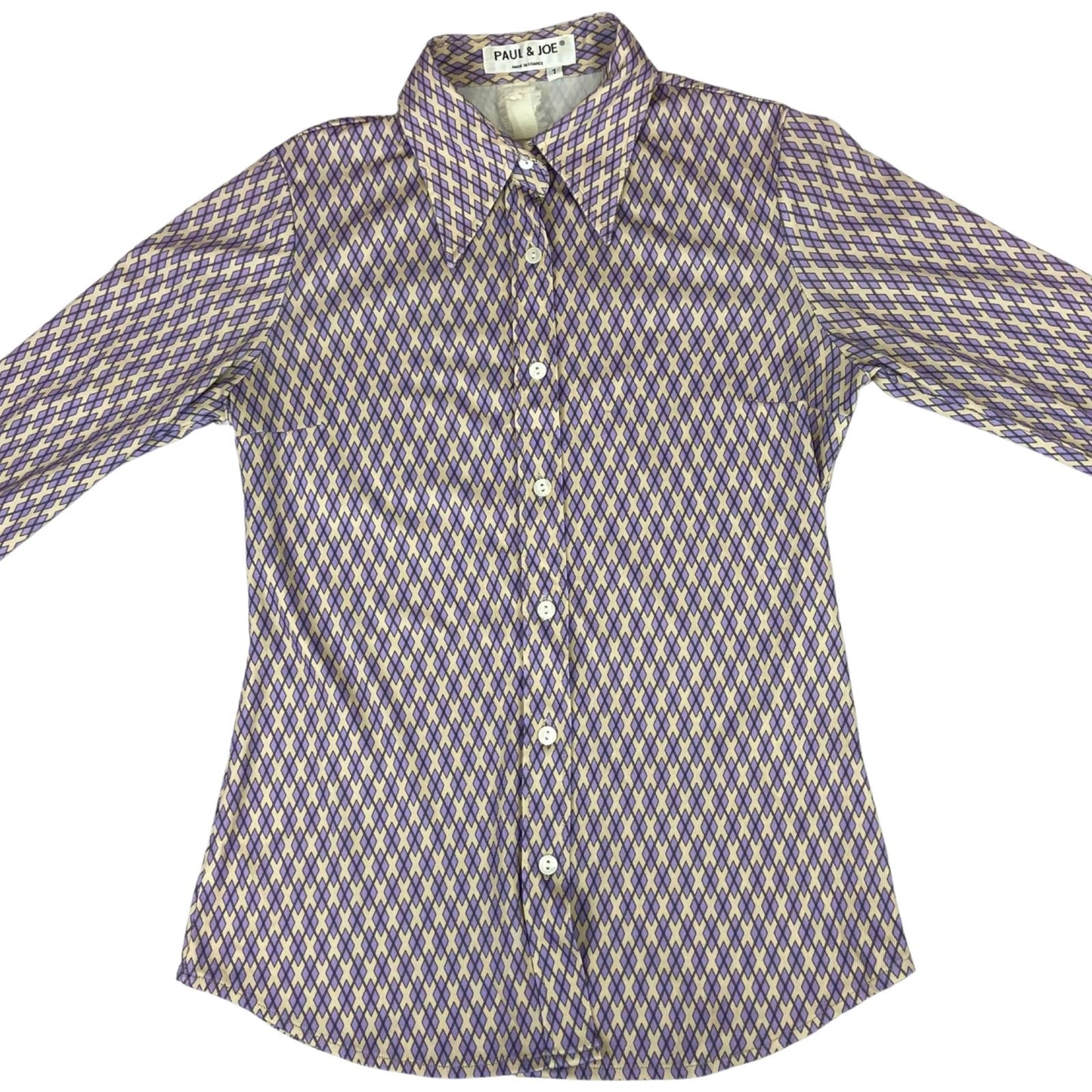Vintage 90s Purple Cream Paul & Joe Geometric Patterned Button Up Blouse Shirt S