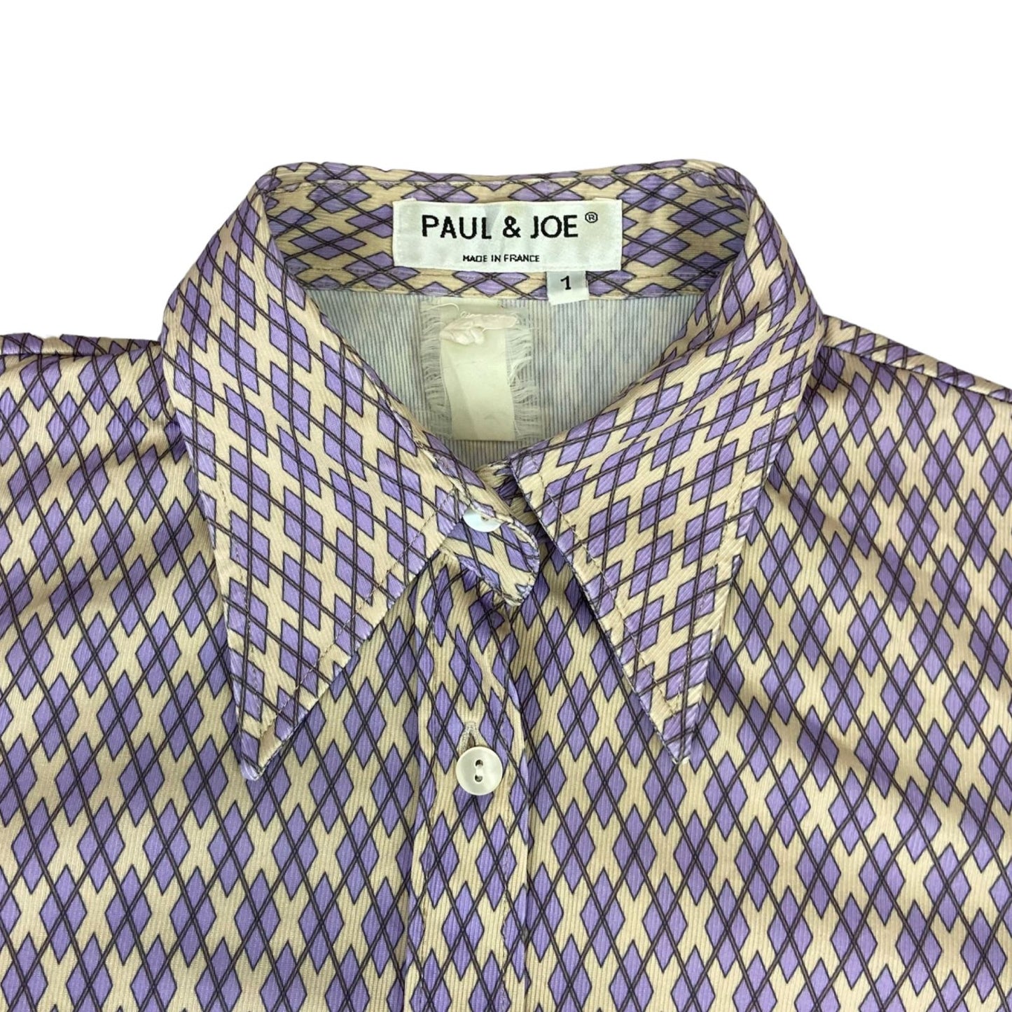 Vintage 90s Purple Cream Paul & Joe Geometric Patterned Button Up Blouse Shirt S