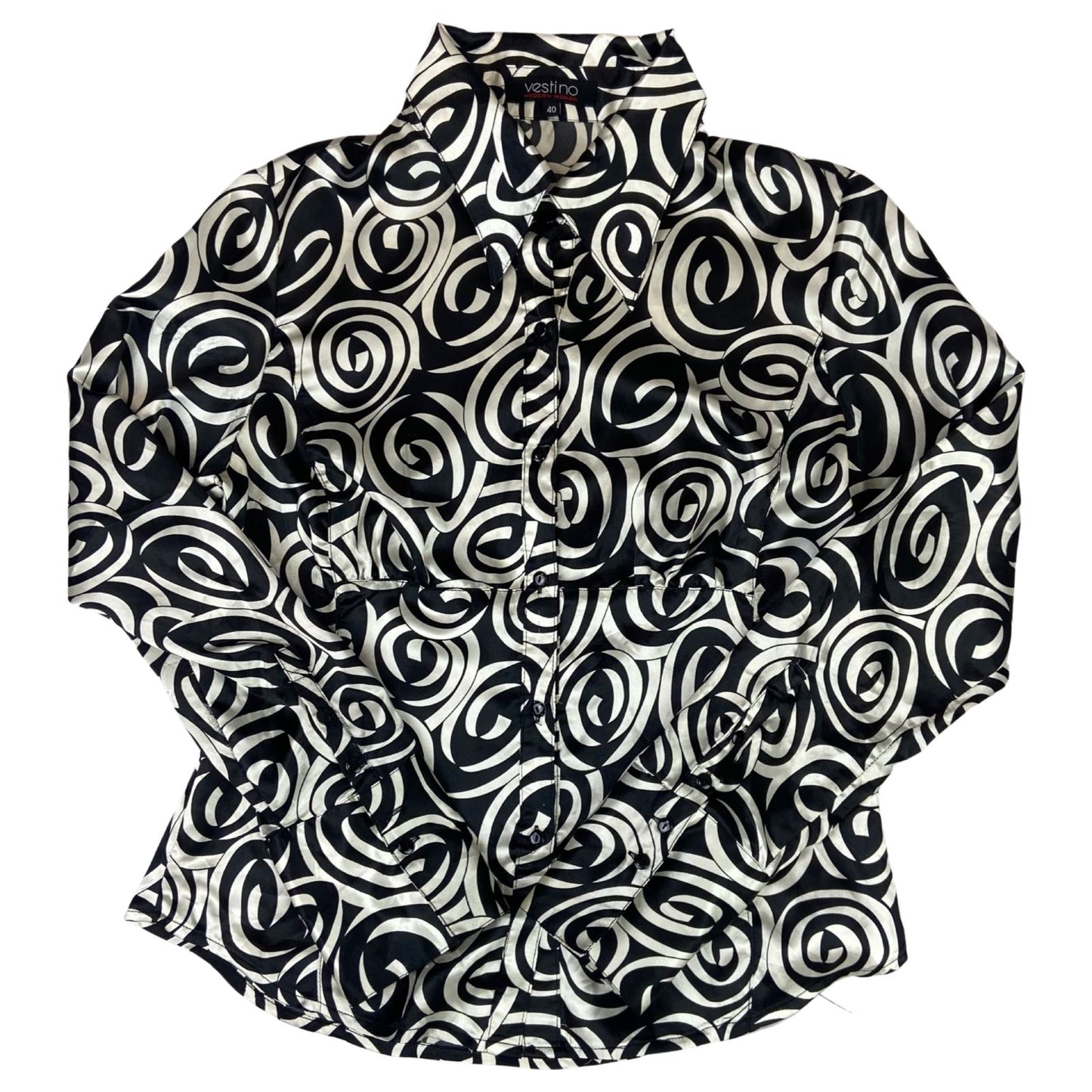 Vintage 90s Black Cream Geometric Swirl Pattern Print Fitted Party Blouse 12 M