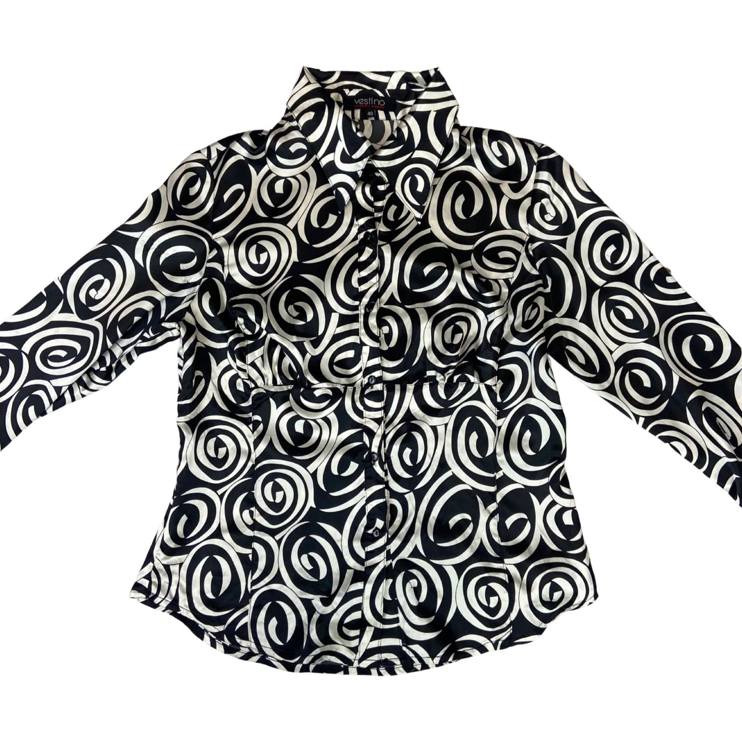Vintage 90s Black Cream Geometric Swirl Pattern Print Fitted Party Blouse 12 M