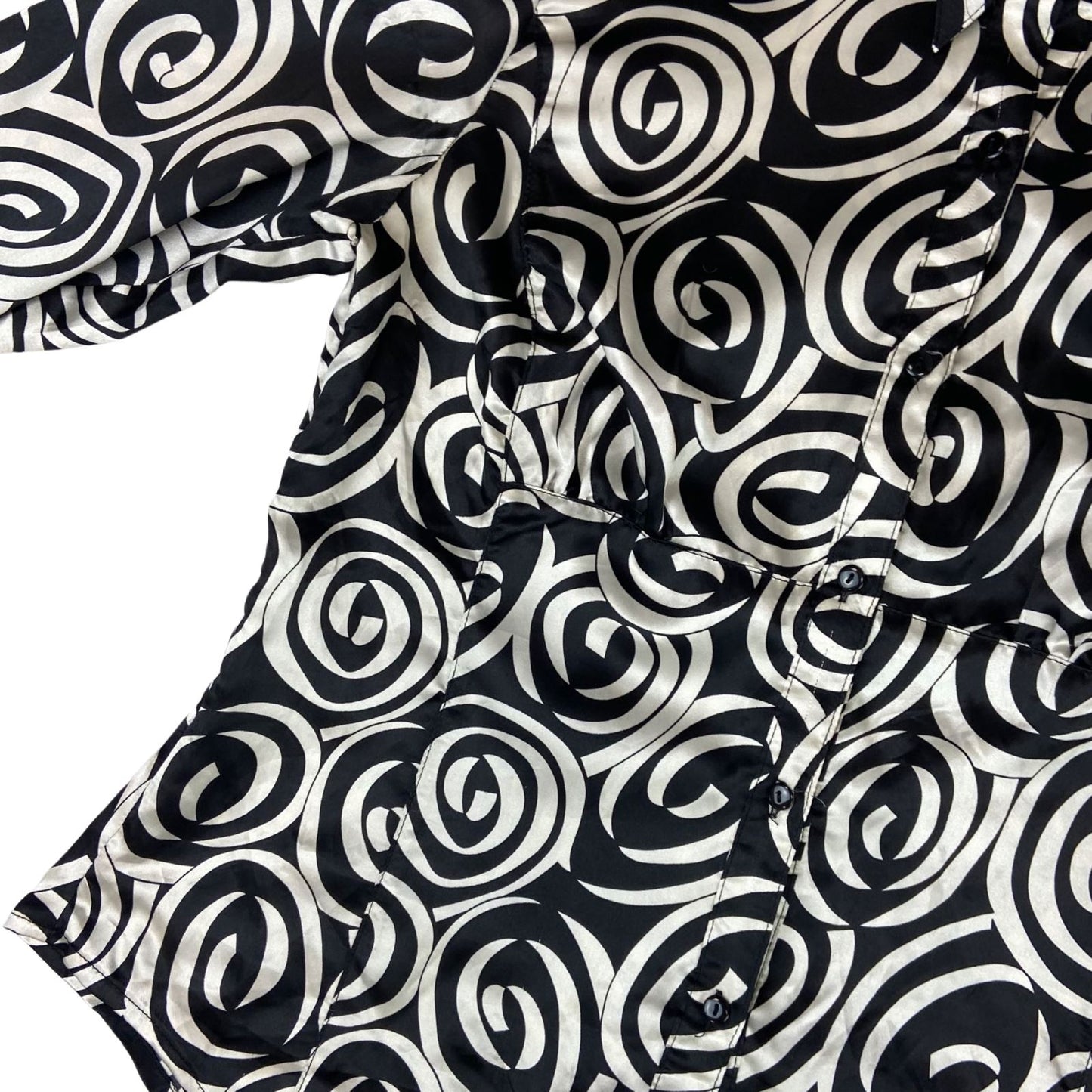 Vintage 90s Black Cream Geometric Swirl Pattern Print Fitted Party Blouse 12 M