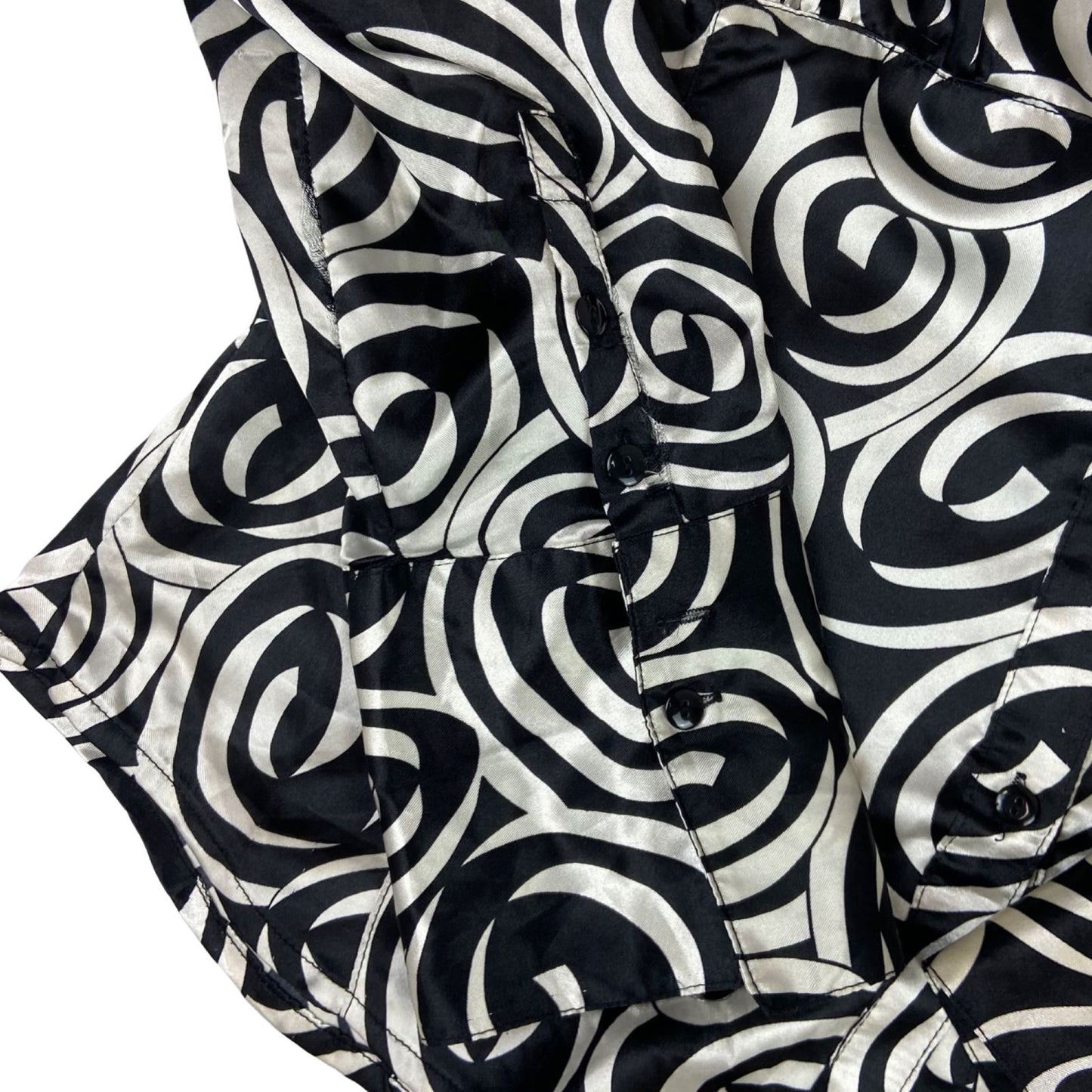 Vintage 90s Black Cream Geometric Swirl Pattern Print Fitted Party Blouse 12 M