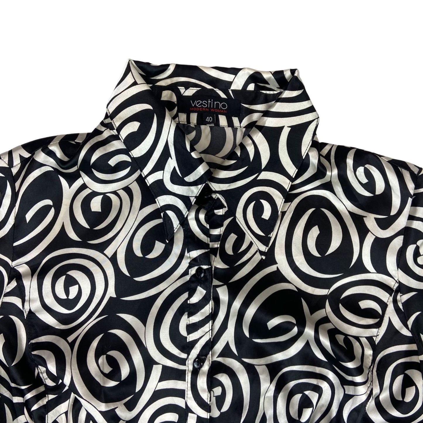 Vintage 90s Black Cream Geometric Swirl Pattern Print Fitted Party Blouse 12 M