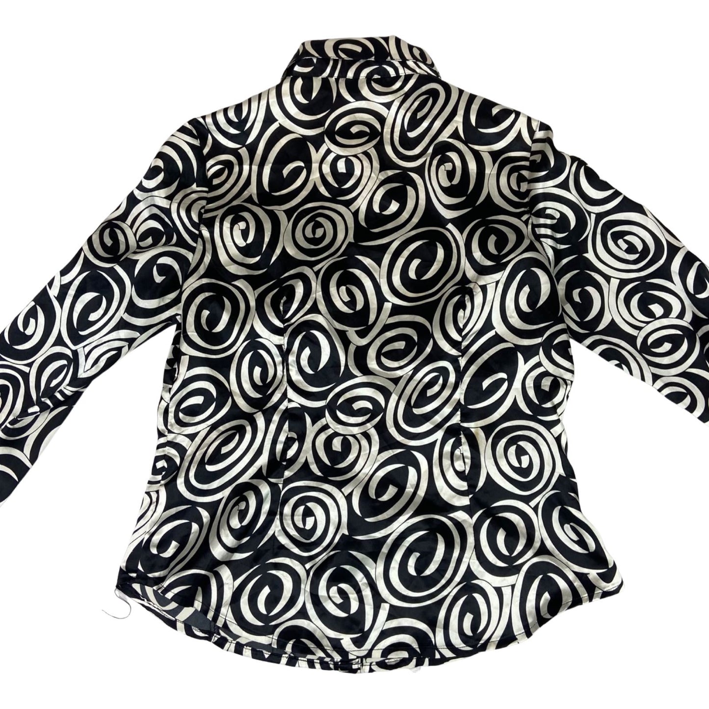 Vintage 90s Black Cream Geometric Swirl Pattern Print Fitted Party Blouse 12 M