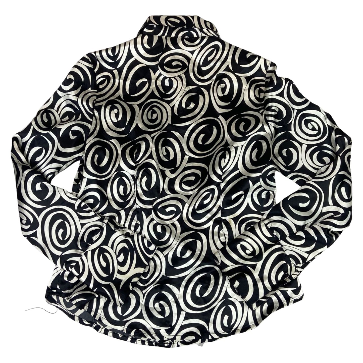 Vintage 90s Black Cream Geometric Swirl Pattern Print Fitted Party Blouse 12 M