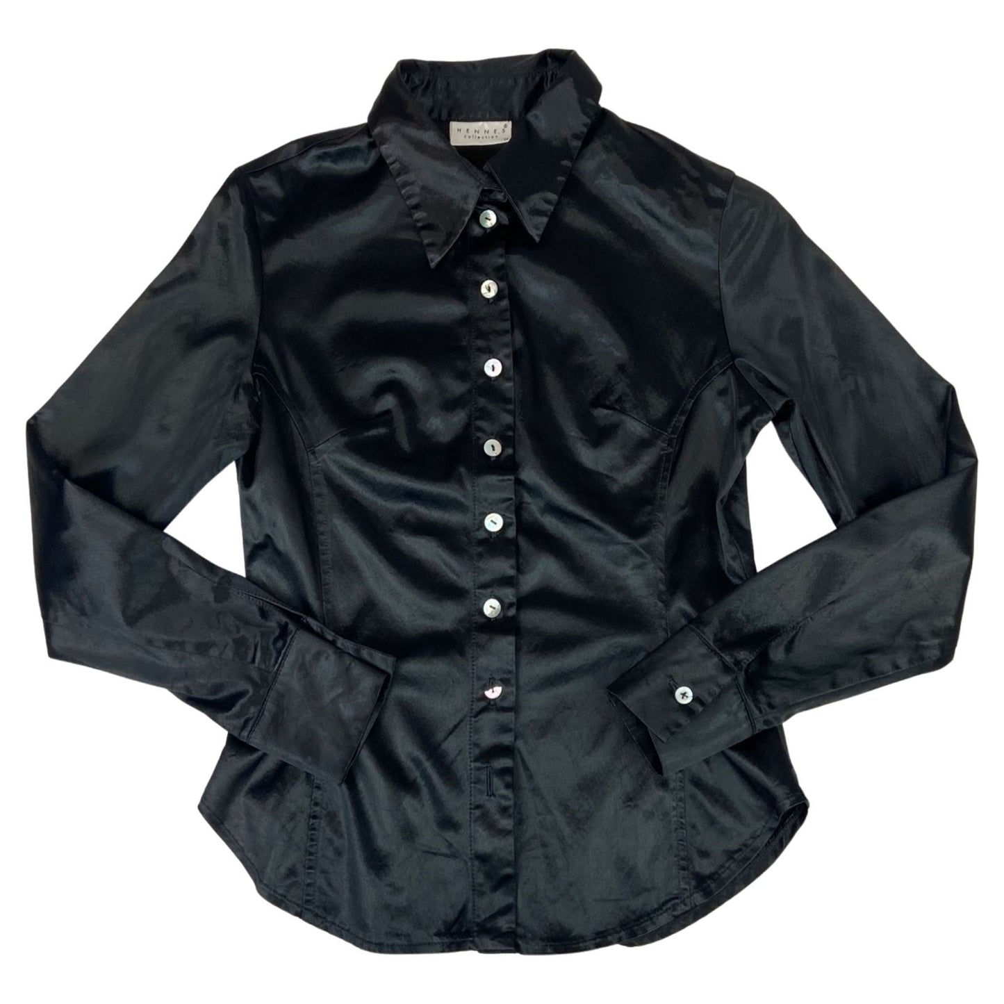 Vintage 90s Black Hennes Collection H&M Satin Blouse Shirt Button Up S 8 10