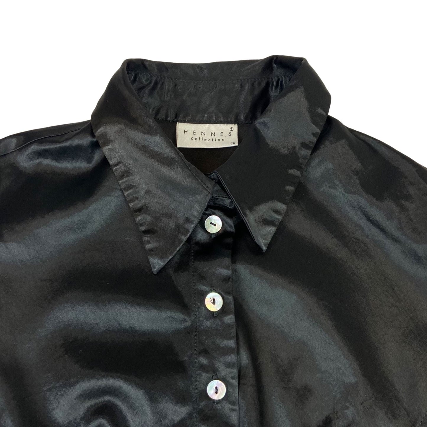 Vintage 90s Black Hennes Collection H&M Satin Blouse Shirt Button Up S 8 10