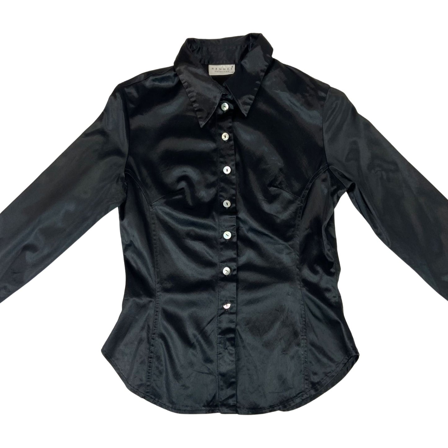 Vintage 90s Black Hennes Collection H&M Satin Blouse Shirt Button Up S 8 10