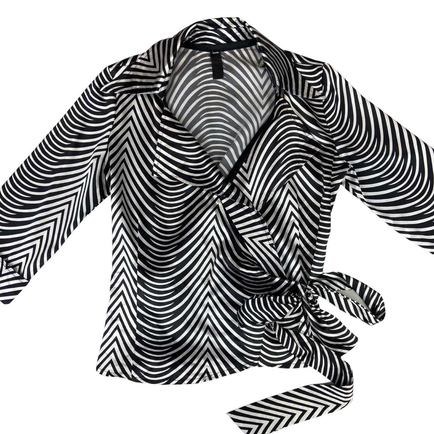 Vintage 90s Black White Geometric Zebra Print Wrap Blouse 12 14 M