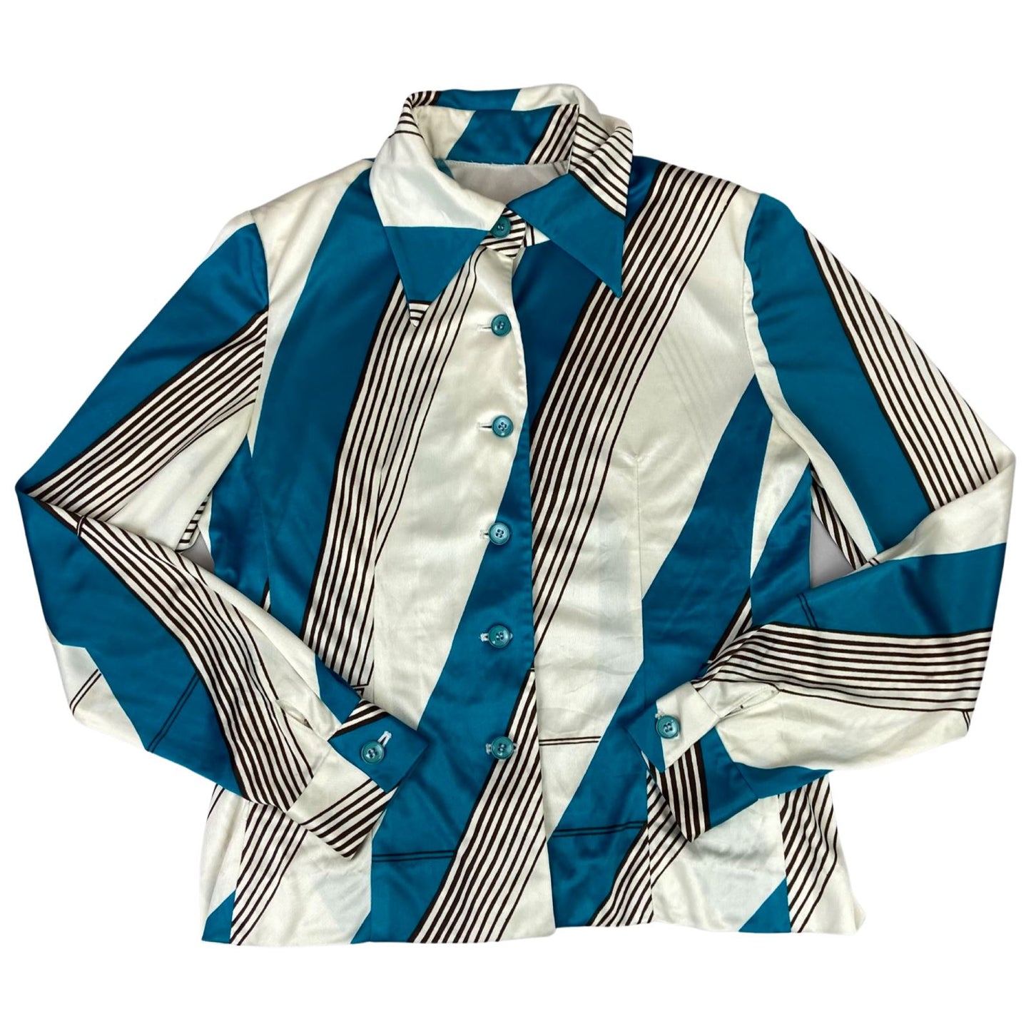 Vintage 90s does 70s Cream Blue Brown Striped Fitted Blouse 8 10 S