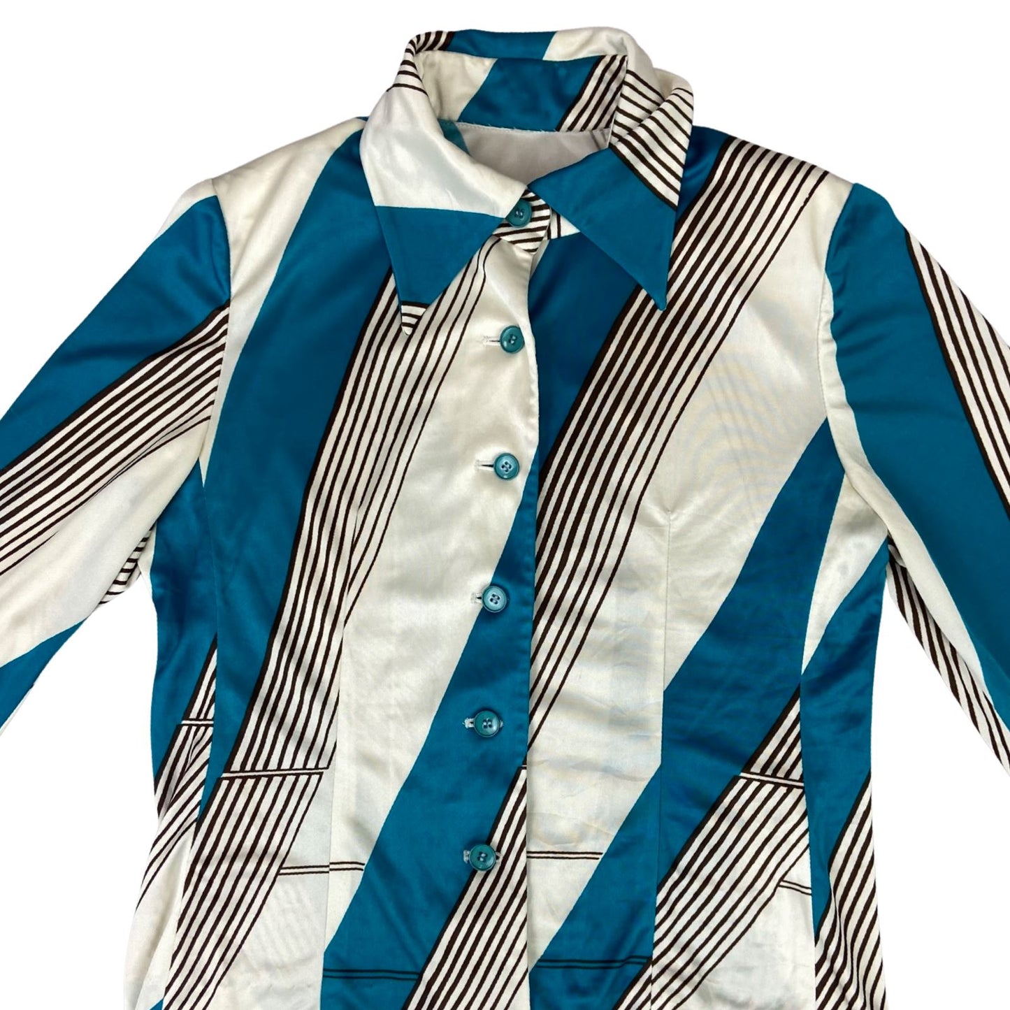 Vintage 90s does 70s Cream Blue Brown Striped Fitted Blouse 8 10 S