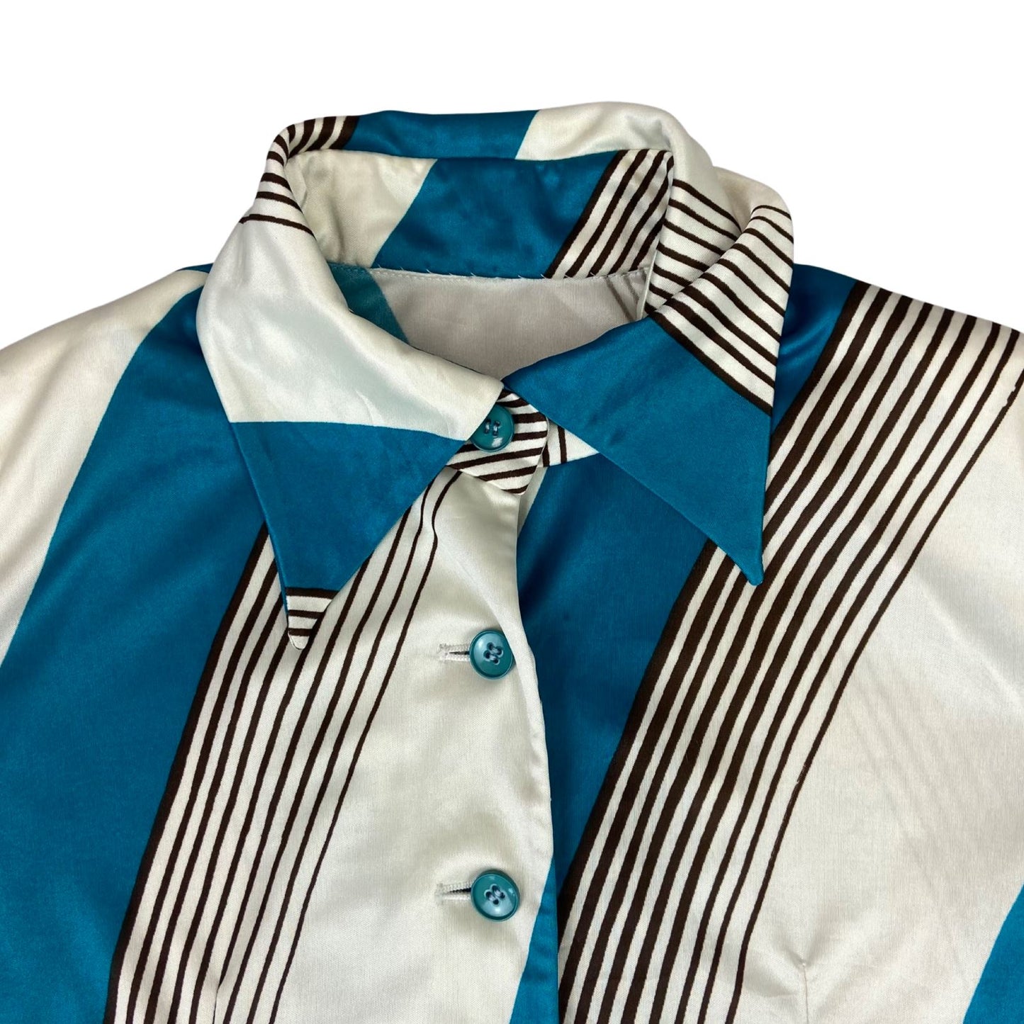 Vintage 90s does 70s Cream Blue Brown Striped Fitted Blouse 8 10 S