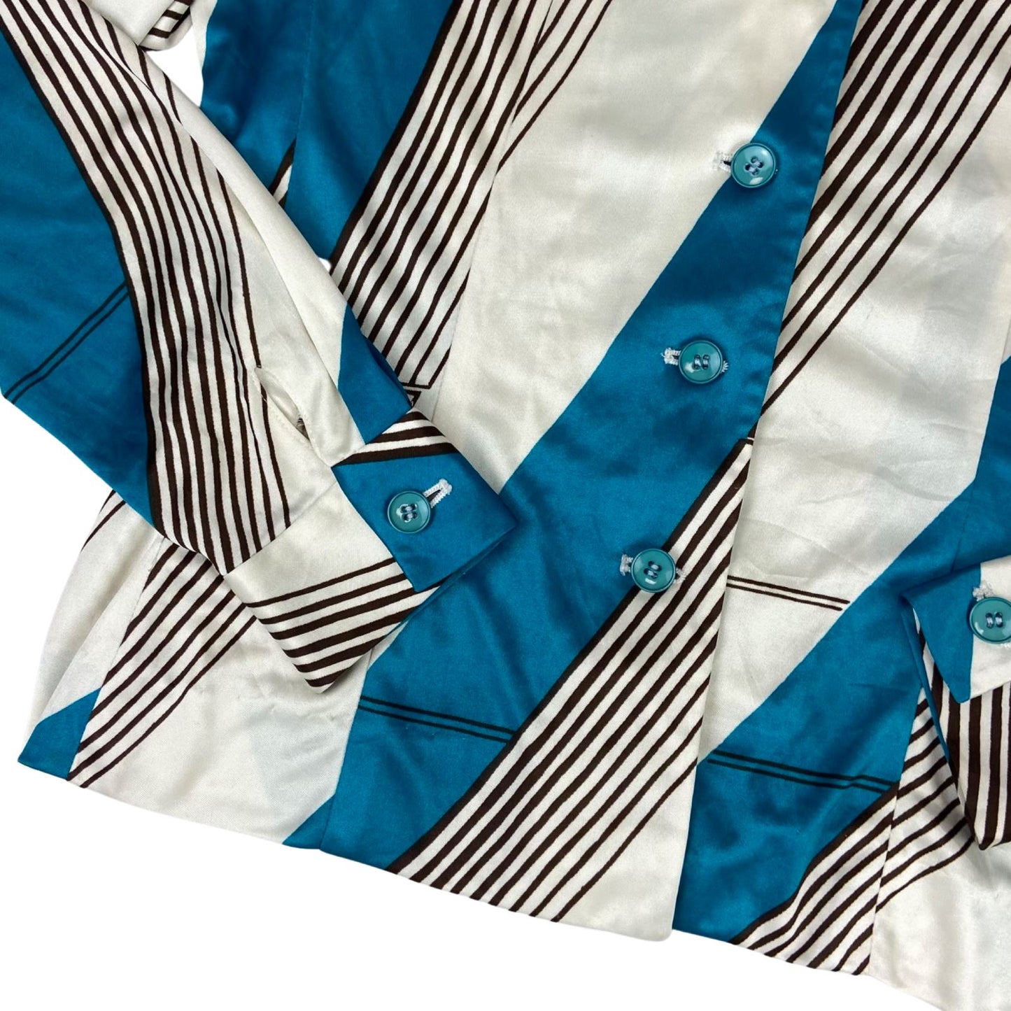 Vintage 90s does 70s Cream Blue Brown Striped Fitted Blouse 8 10 S