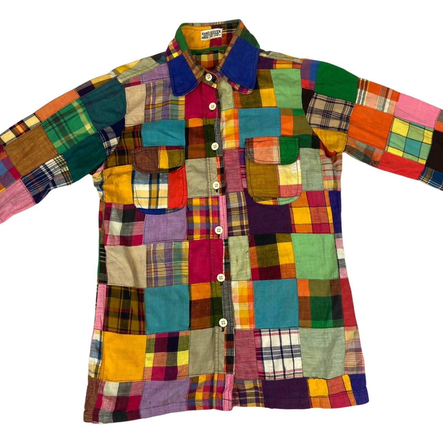 Vintage 70s Patchwork Multicolour Handwoven Check Blouse 8 10 S