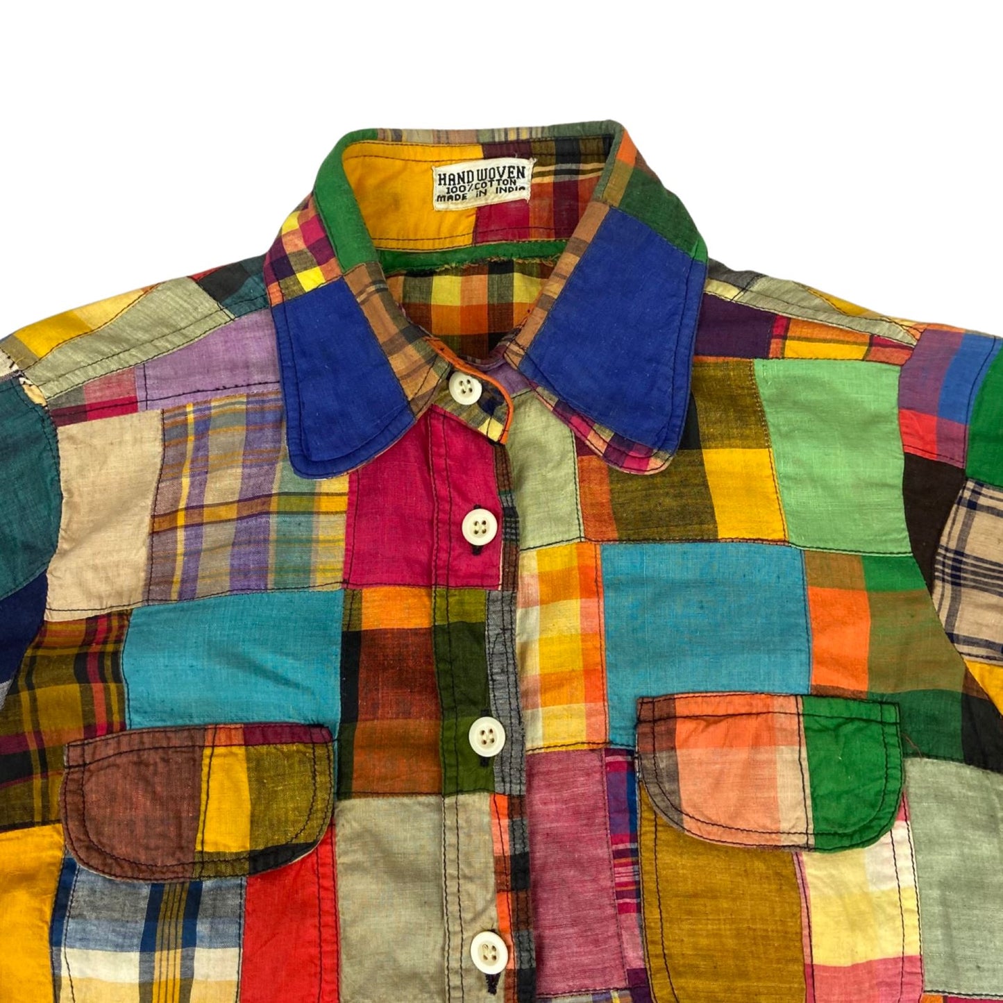 Vintage 70s Patchwork Multicolour Handwoven Check Blouse 8 10 S