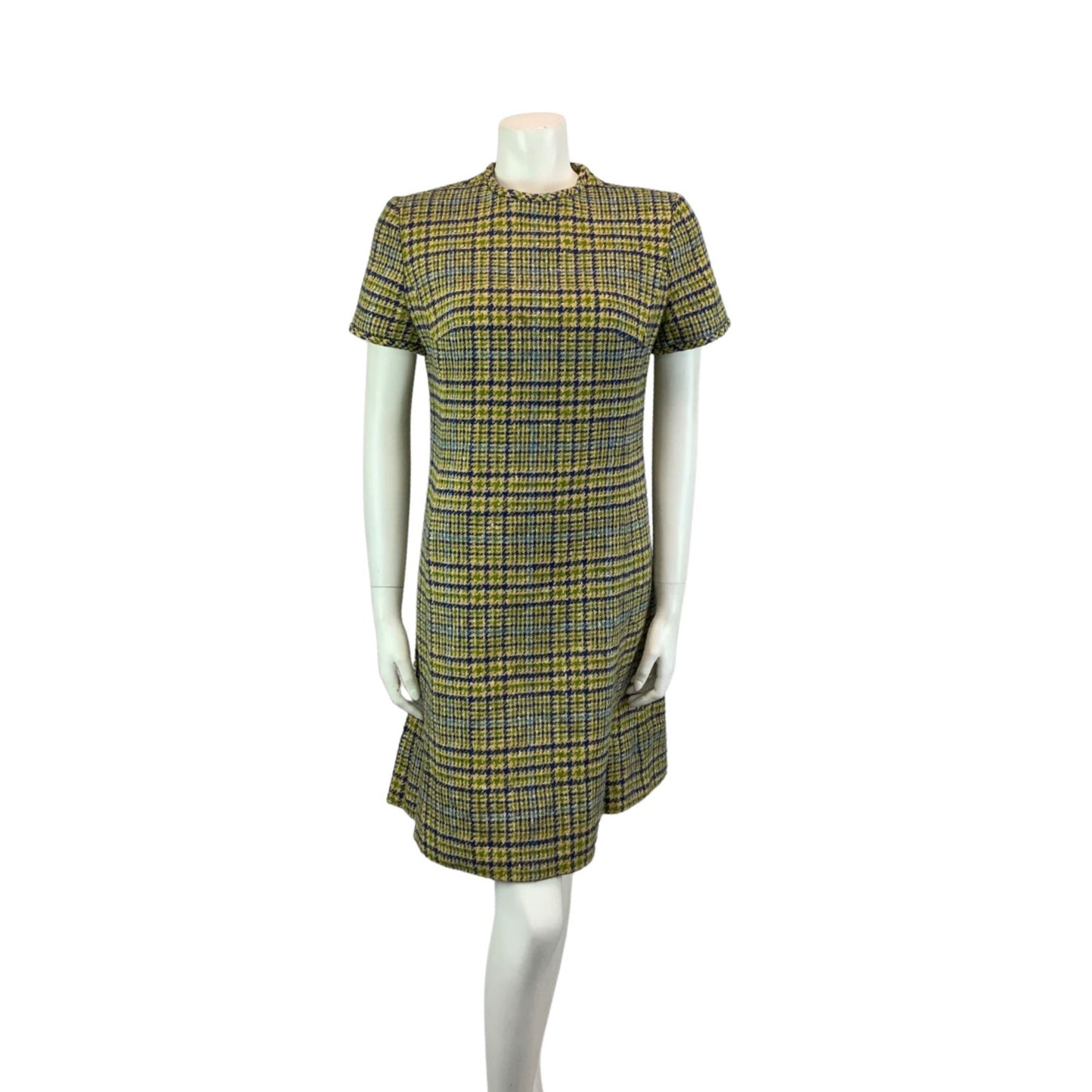 Vintage 60s RARE Green Pendleton Mod Short Sleeve Checked Fitted Wool Dress S/M