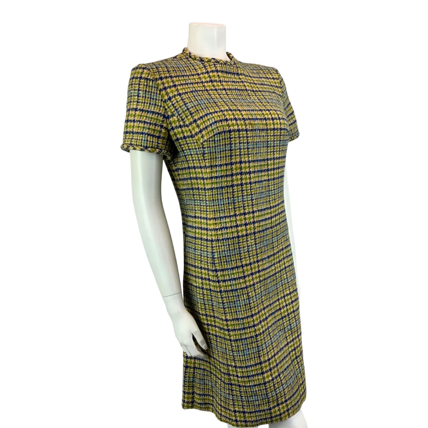 Vintage 60s RARE Green Pendleton Mod Short Sleeve Checked Fitted Wool Dress S/M