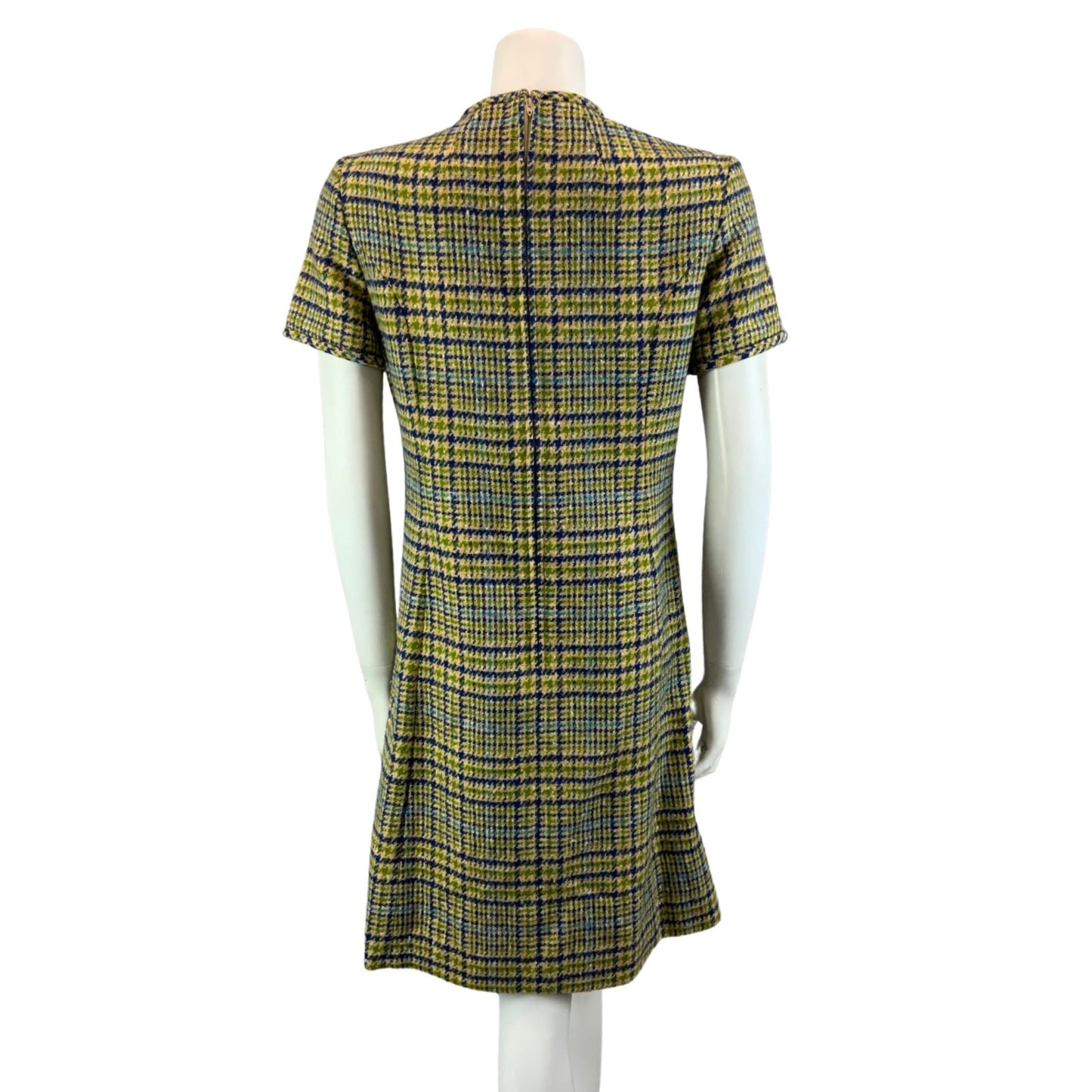 Vintage 60s RARE Green Pendleton Mod Short Sleeve Checked Fitted Wool Dress S/M