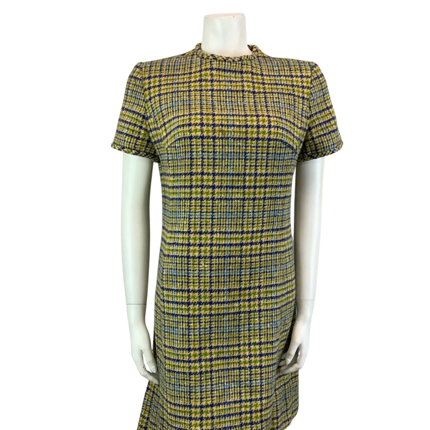 Vintage 60s RARE Green Pendleton Mod Short Sleeve Checked Fitted Wool Dress S/M