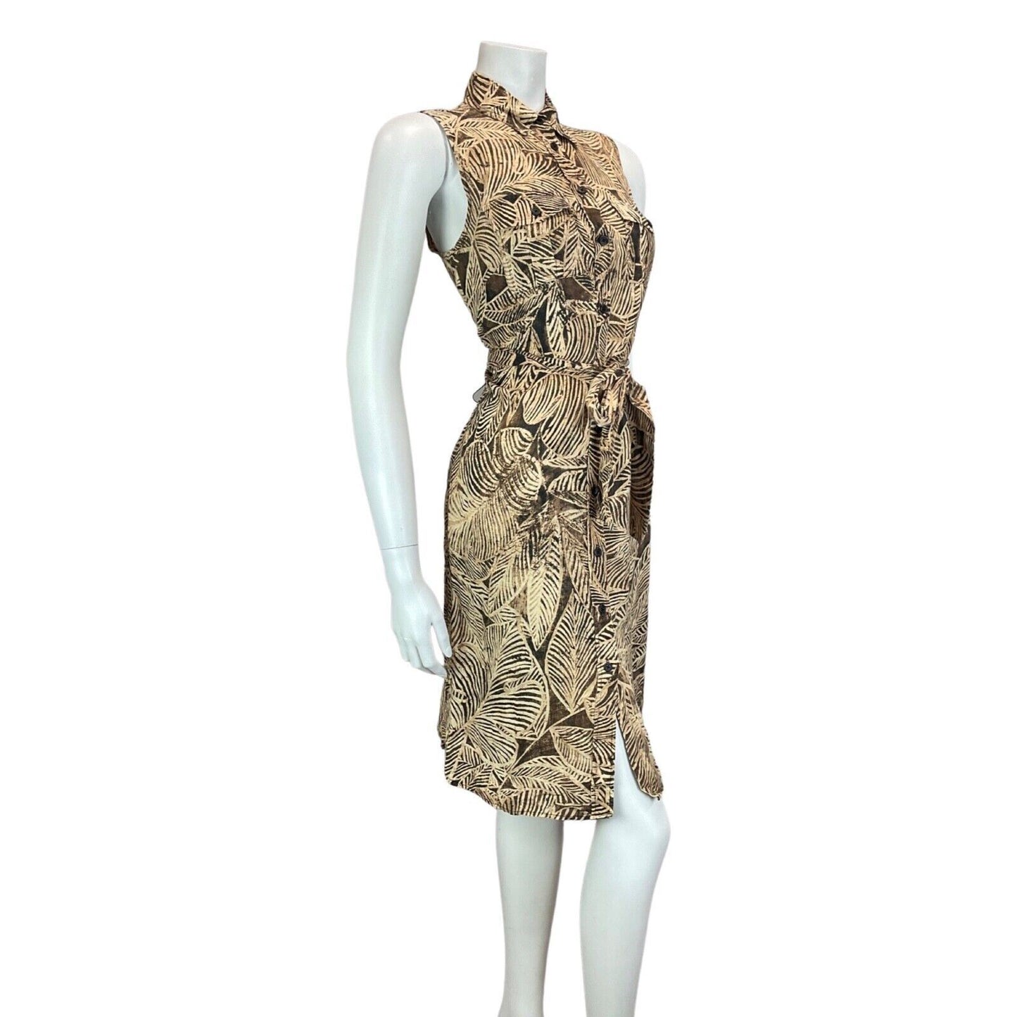 Vintage 90s 00s Brown Beige Ralph Lauren Leaf Print Button Shirt Dress 8 10 S
