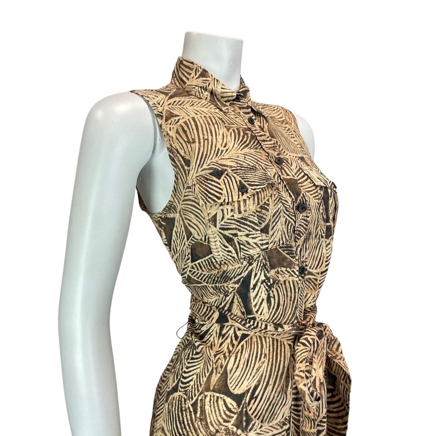 Vintage 90s 00s Brown Beige Ralph Lauren Leaf Print Button Shirt Dress 8 10 S